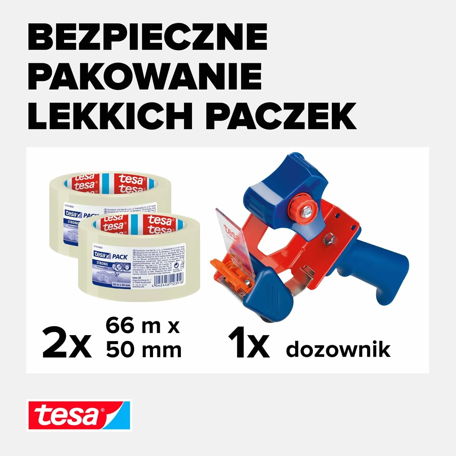 tesapack® PROMO mocna taśma pakowa w zestawie z dyspenserem – taśma samoprzylepna z aplikatorem tesapack® – ciche odwijanie – duża wytrzymałość – do ciężkich paczek