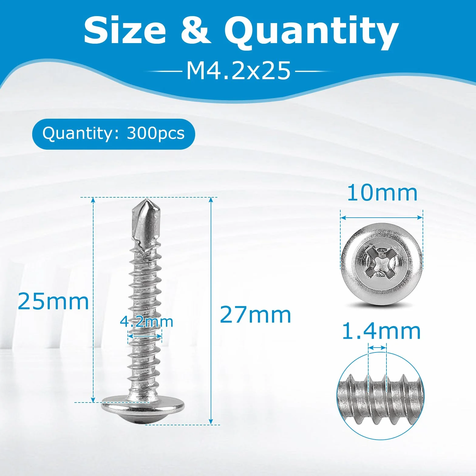 300 sztuk wkrętów do blachy, M4,2 x 25 mm, ze stali nierdzewnej, płaskie, wkręty z łbem wpuszczanym, z bitami, Phillips, śruby do wiertarki, do drewna, plastiku i blachy, samogwintujące, 300