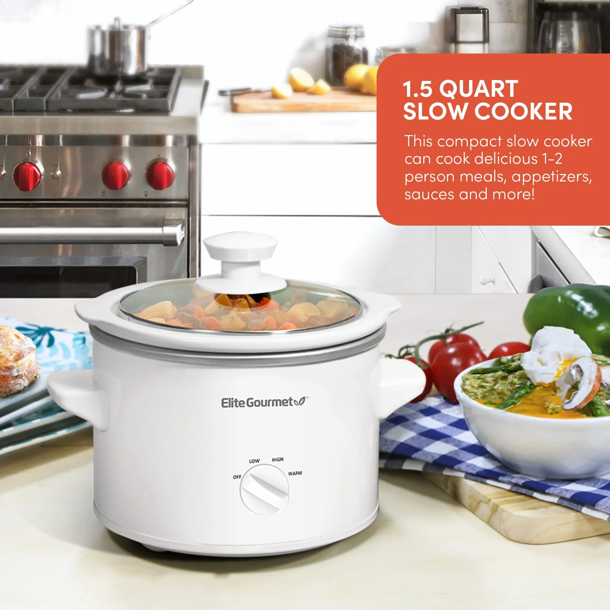 Elite Gourmet MST-250XW# elektryczny garnek ceramiczny, z regulacją temperatury, do przystawek, sosów, zup, smażeń, dań jednogarnkowych i dipów, nadaje się do mycia w zmywarce (1,7 l, biały)