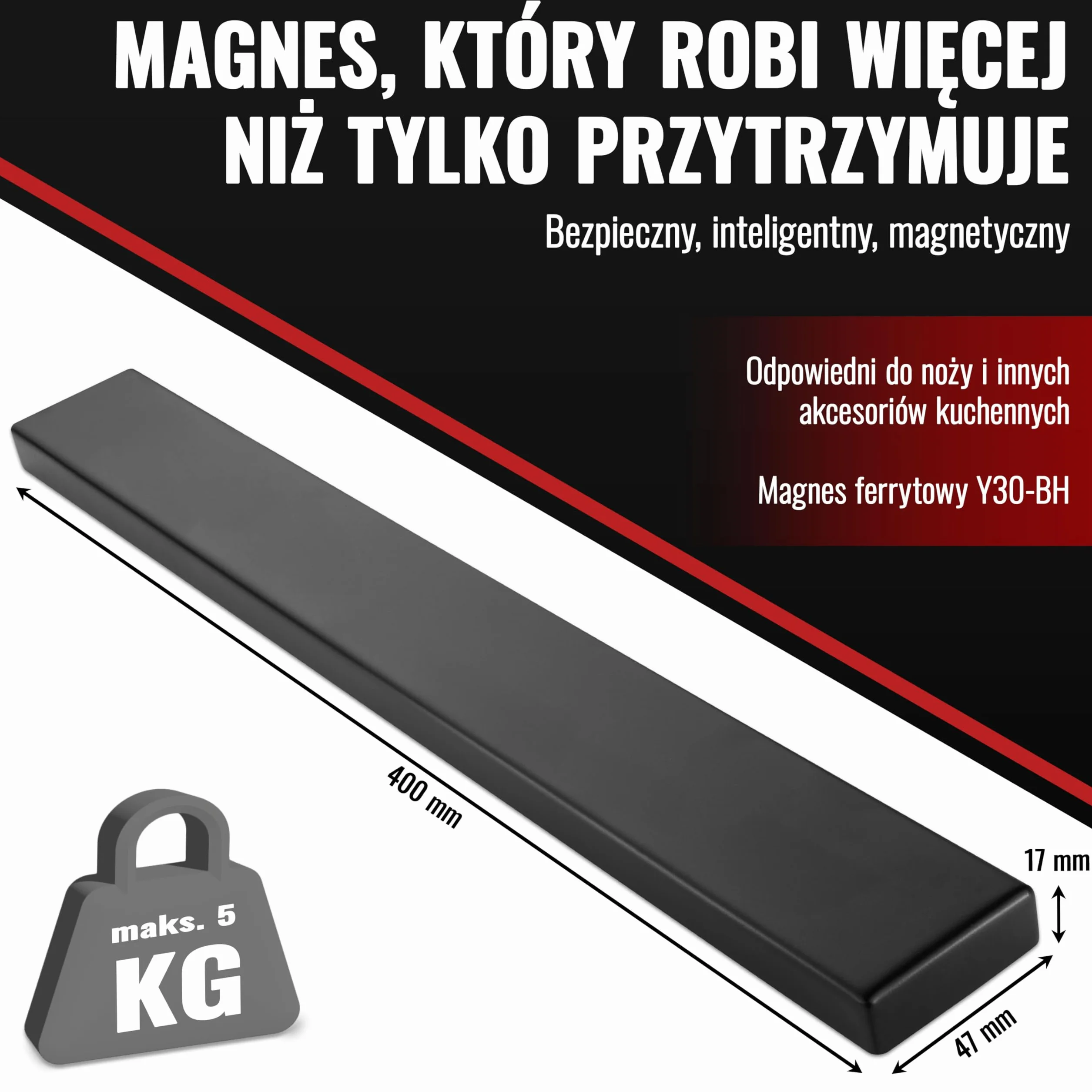 Poppstar magnetyczna listwa na noże ze stali nierdzewnej, 40 cm, z wyjątkowo mocnym magnesem, kolor czarny, różne możliwości montażu, samoprzylepna