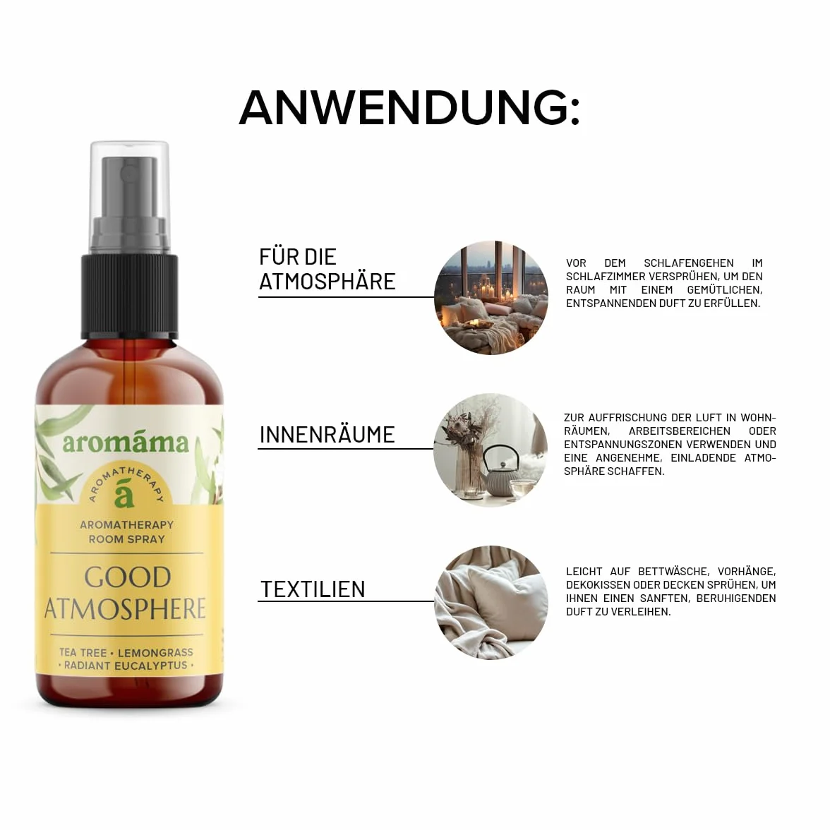 aromáma Good Atmosphere Aromaterapy Room Spray naturalny spray do pomieszczeń z drzewem herbacianym eukaliptusem i trawą cytrynową