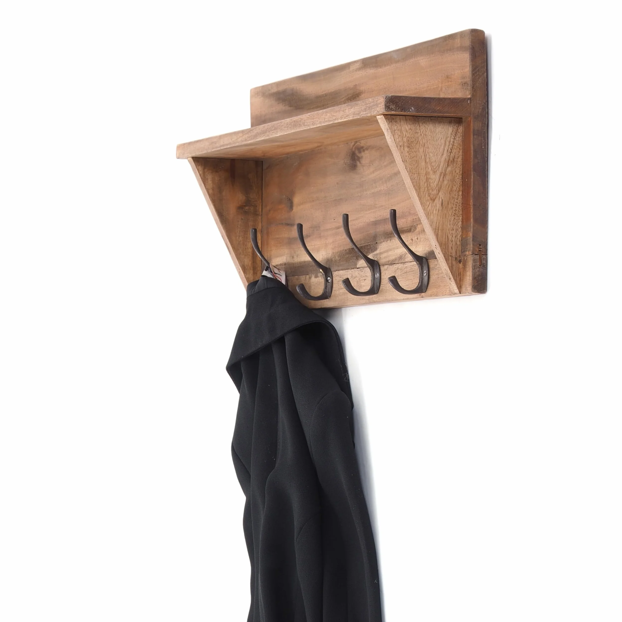 DESIGN DELIGHTS Rustykalna garderoba ścienna z regałem w stylu vintage | 60 x 26 x 10 cm (szer. x wys. x gł.), drewno z recyklingu, regał ścienny z 8 haczykami na ubrania, garderoba do korytarza