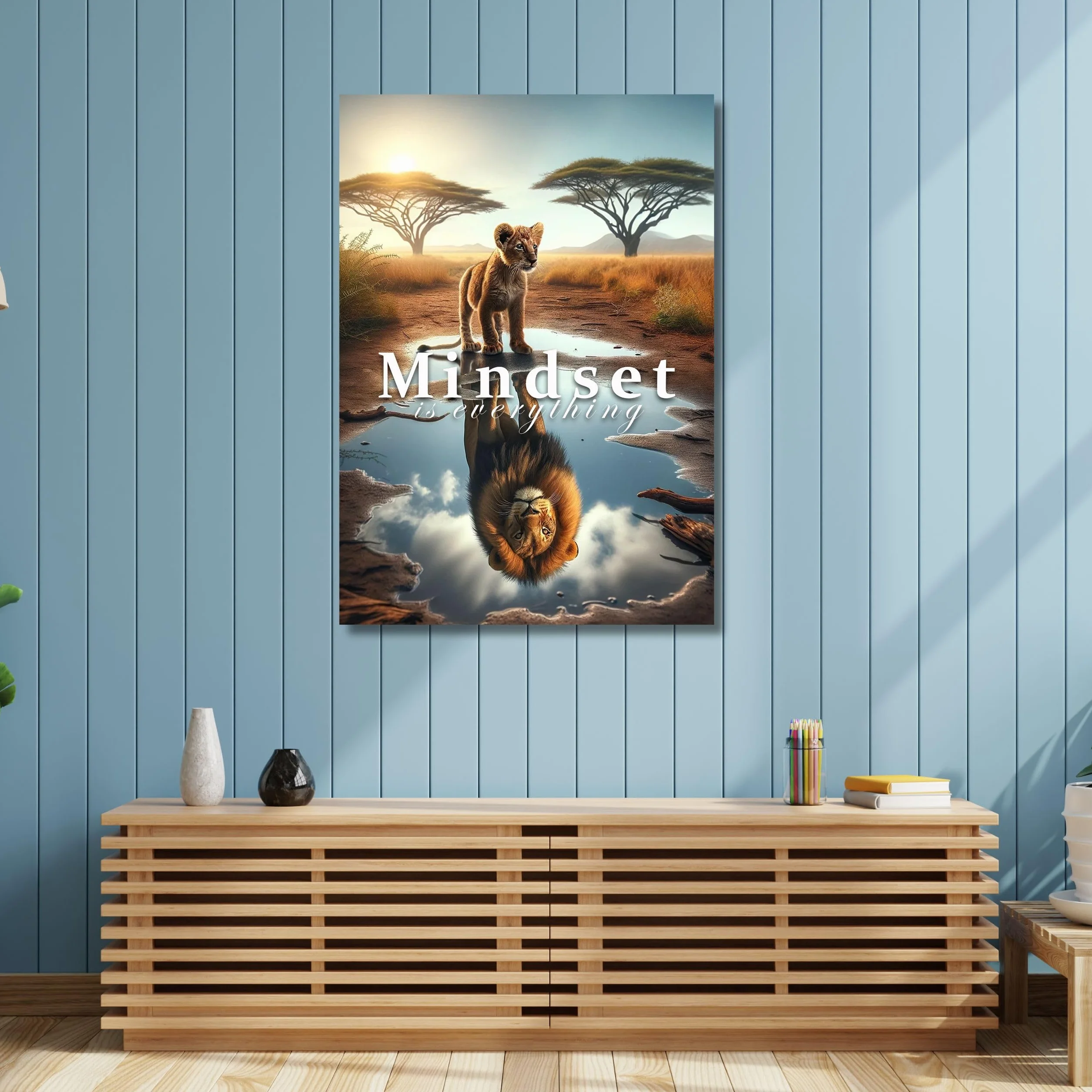 CLEAN SPORTS® Mindset is everything — plakat motywacyjny – lew dziecięcy widzi siebie jako dorosłego lew w lustrze – obraz motywacyjny do biura, sportu i Twojego sukcesu – bez ramki (DIN A1)