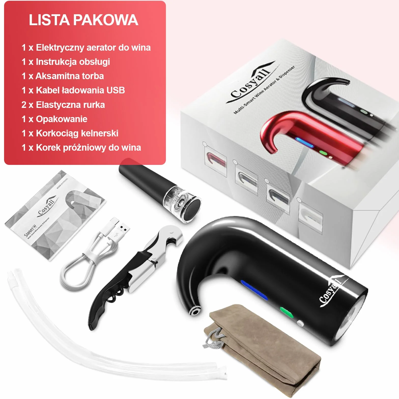 Elektryczny napowietrzacz do wina, inteligentny automatyczny dozownik wina, najlepsza karafka do wina dla rodziny i na imprezę (Czarna)