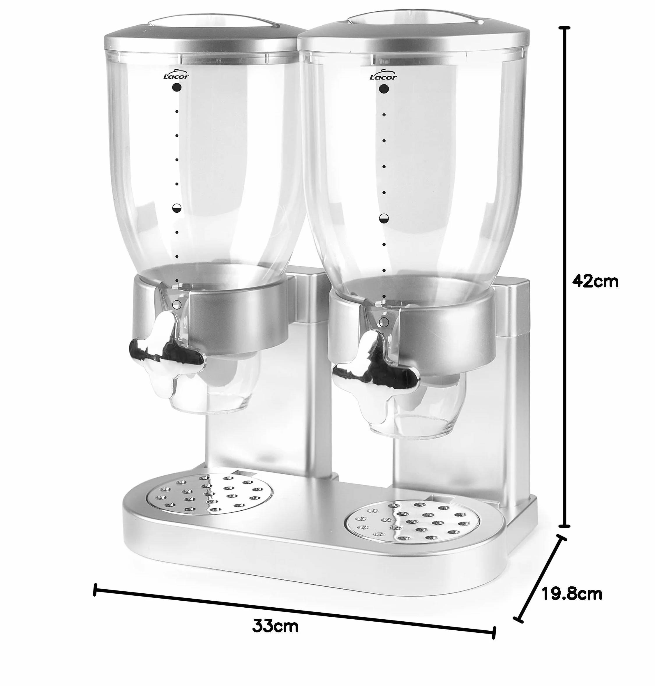Lacor - 62597 - Dozownik zbóż, suszonych owoców, makaronu i cukierków, podwójny pojemnik, dwa pojemniki 3,5 l, system obrotowy, wolny od BPA, 33x20x42 cm, szary