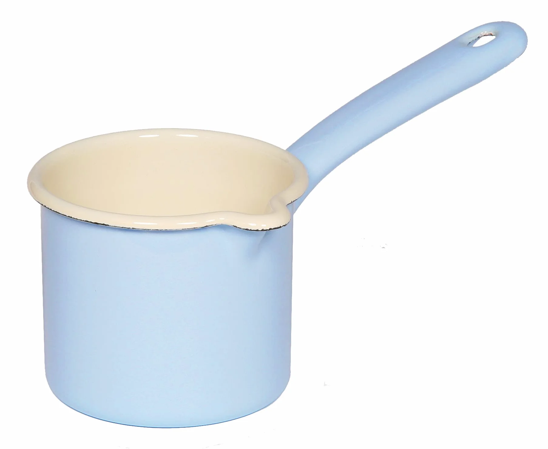 Riess, 0283-006 kubek niekapiący z uchwytem 9, klasyczny - Bunt/Pastell, kolor pastelowy niebieski, średnica 9 cm, wysokość 11,4 cm, pojemność 0,5 l, emalia, garnek na mleko, indukcyjny