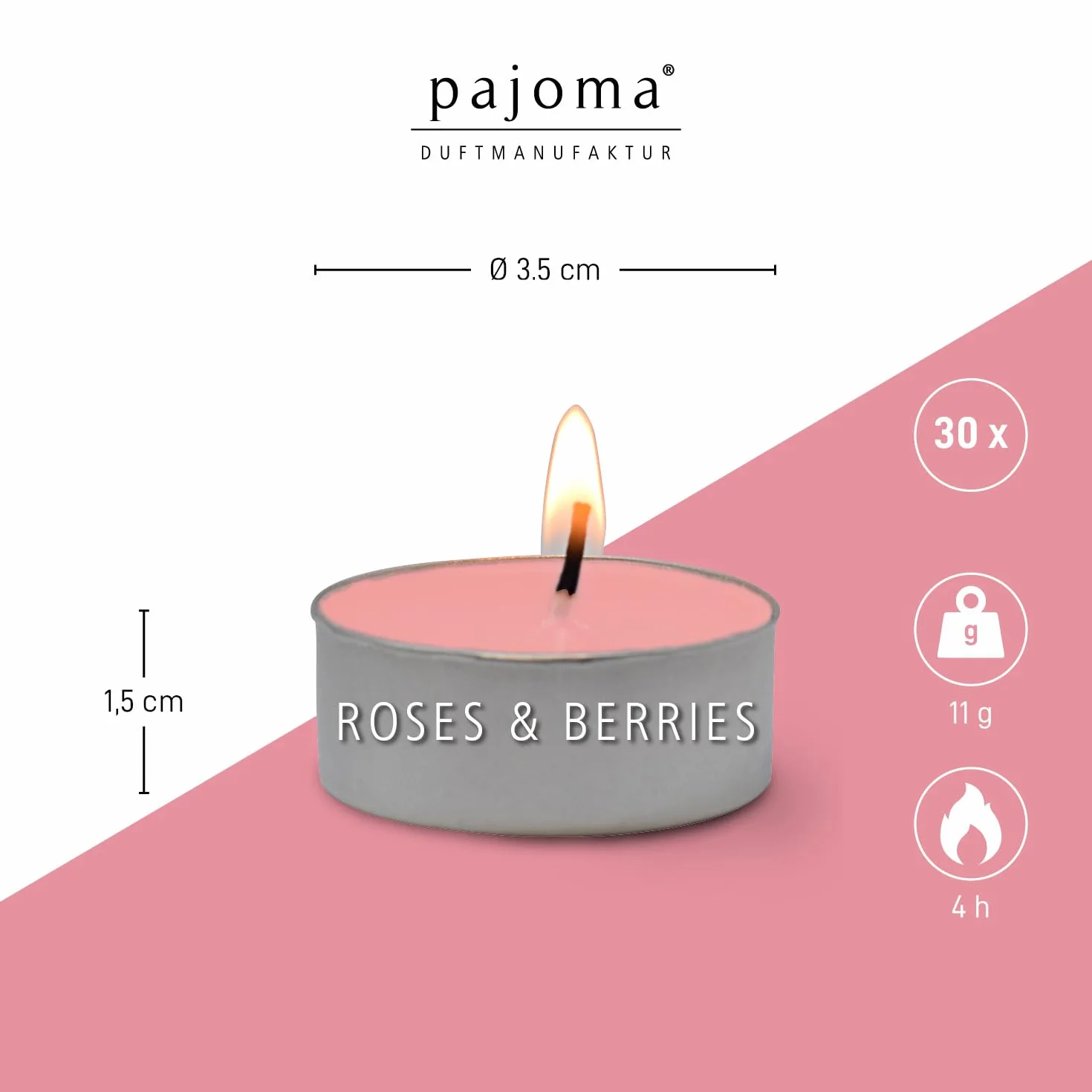 pajoma® Świece typu tealight, 30 sztuk, Roses & Berries, zapachowe podgrzewacze w aluminiowej osłonie, czas palenia ok. 4 godziny – wysokość 1,5 cm ø 3,5 cm | jakość premium | dekoracja, gastronomia,