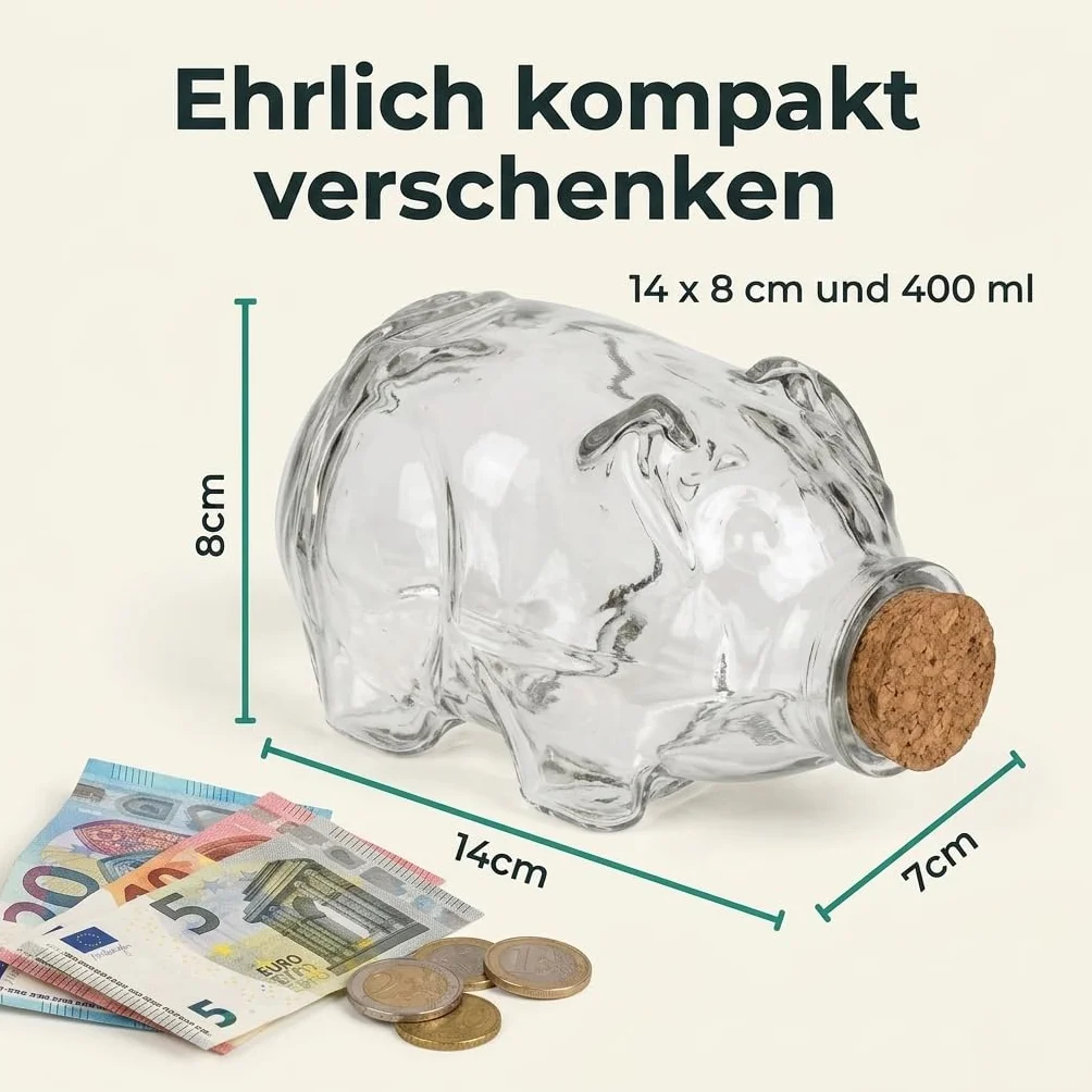 MIJOMA Szklana świnka do przechowywania z korkiem – skarbonka 400 ml i pudełko na prezent – słoik do przechowywania prezentów pieniężnych, wesele, urodziny, chrzest, święto młodości, 14 x 8 cm