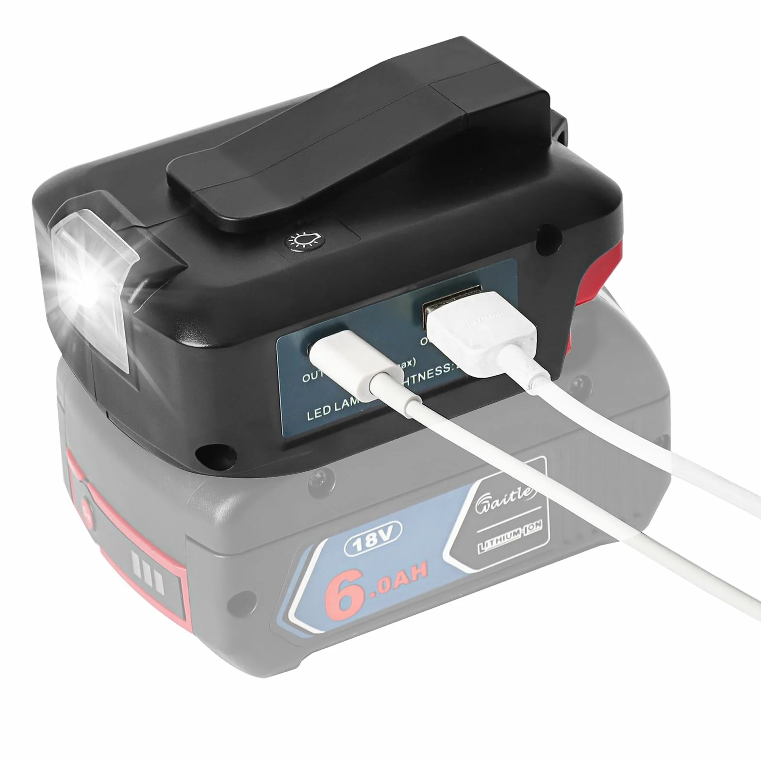 Adapter ładowarki USB QUPERR do profesjonalnych akumulatorów Bosch 18 V z portem DC 12 V i dwoma portami USB oraz lampą roboczą LED i klipsem do paska (akumulator nie wchodzi w skład zestawu)