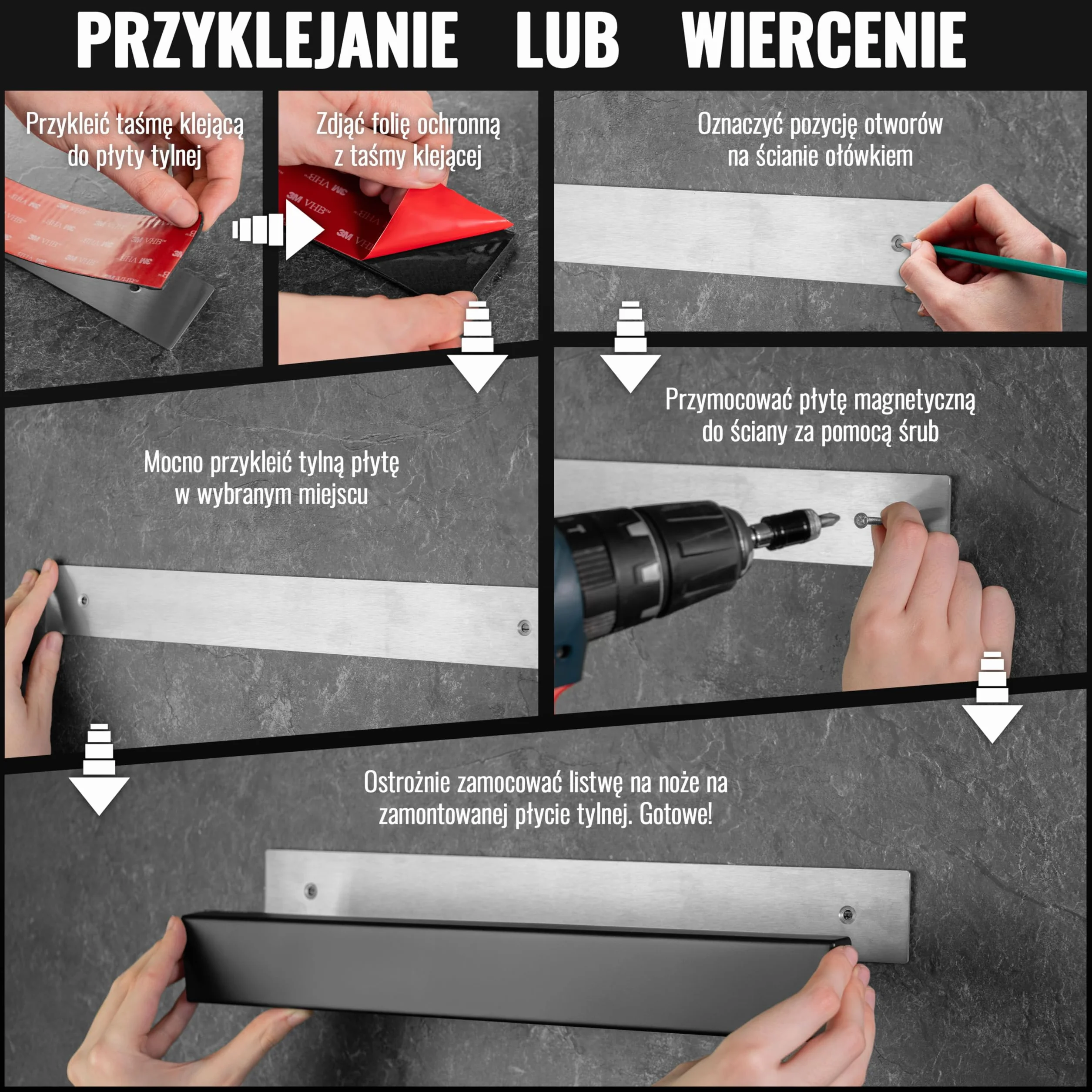 Poppstar magnetyczna listwa na noże ze stali nierdzewnej, 40 cm, z wyjątkowo mocnym magnesem, kolor czarny, różne możliwości montażu, samoprzylepna