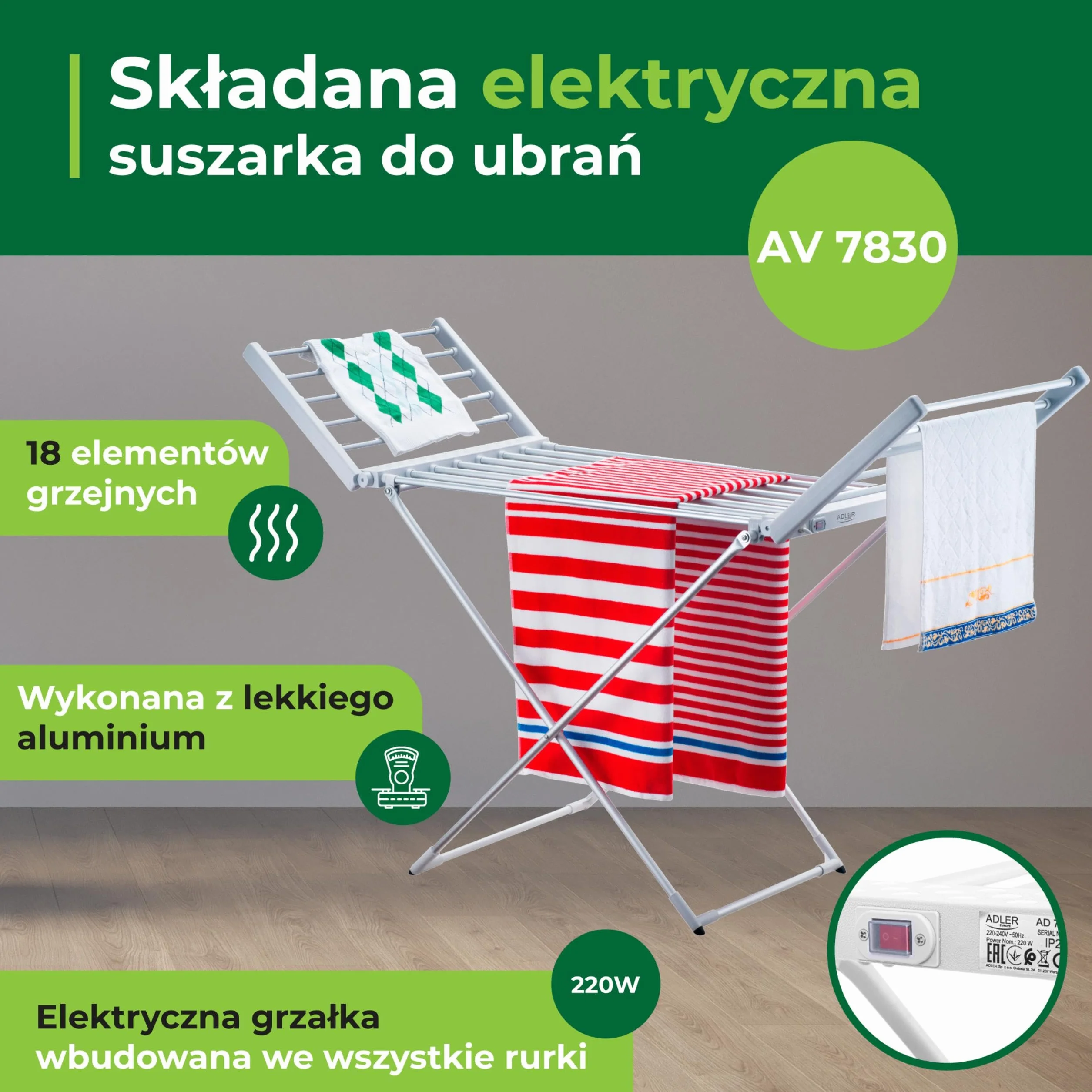 Elektryczna suszarka na pranie, Suszarka do ubrań z 18 prętami grzejnymi, Podgrzewany stojak do suszenia prania o mocy 220W, 148 x 52,5 x 90 cm, Skraca czas suszenia, IP22, Srebrno-Biała