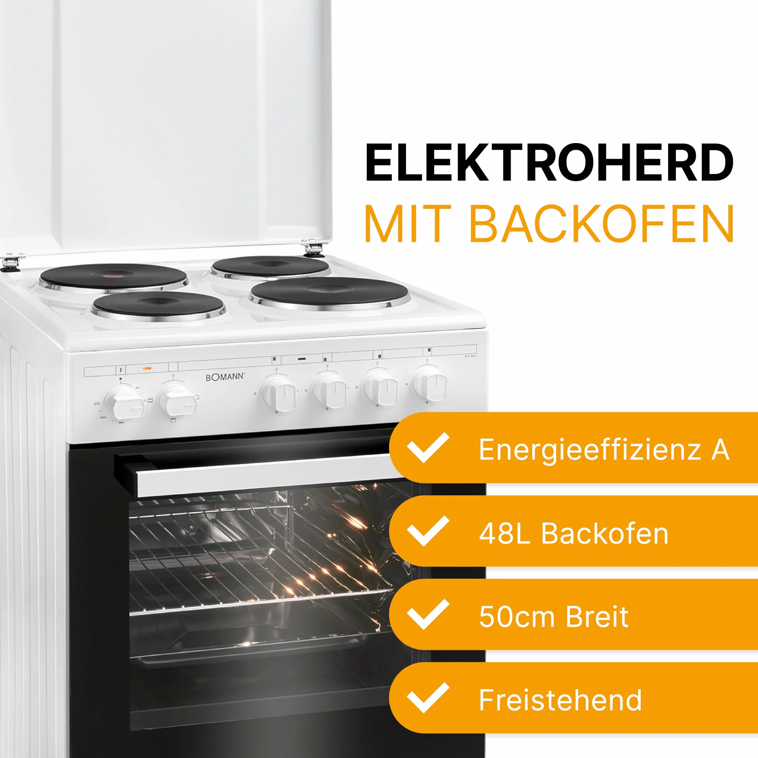Bomann® Piekarnik 50 cm z kuchenką | kuchenka elektryczna wolnostojąca, 50 cm, z 4 palnikami, kuchenka stojąca z piekarnikiem 48 l, grzanie górne/dolne, 40°C – 240 °C, w zestawie blacha i ruszt do
