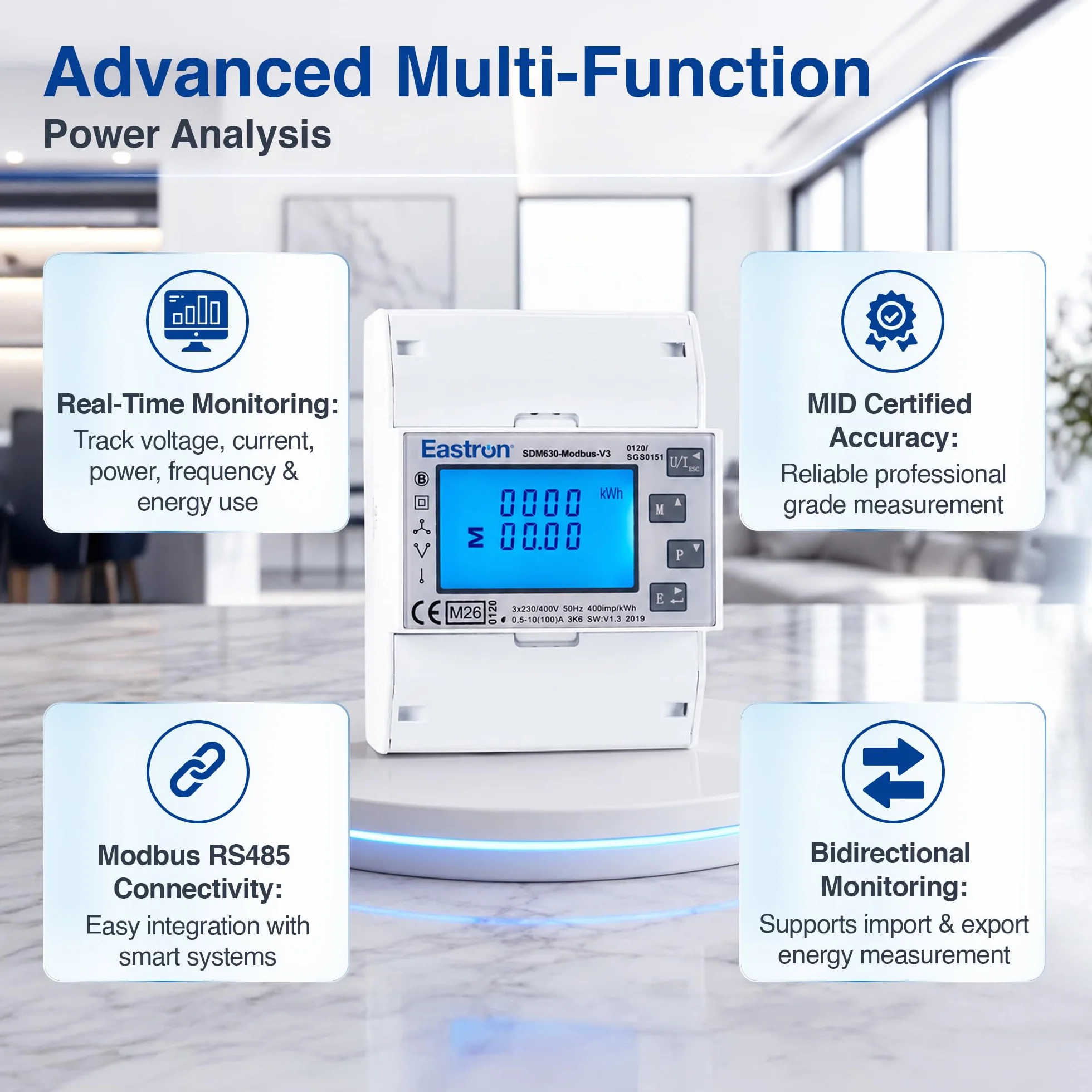 Eastron SDM630Modbus-V3 trójfazowy licznik energii elektrycznej, cyfrowy licznik prądu na szynę DIN, wielofunkcyjny, dwukierunkowy z 2x S0, RS485 Modbus-RTU
