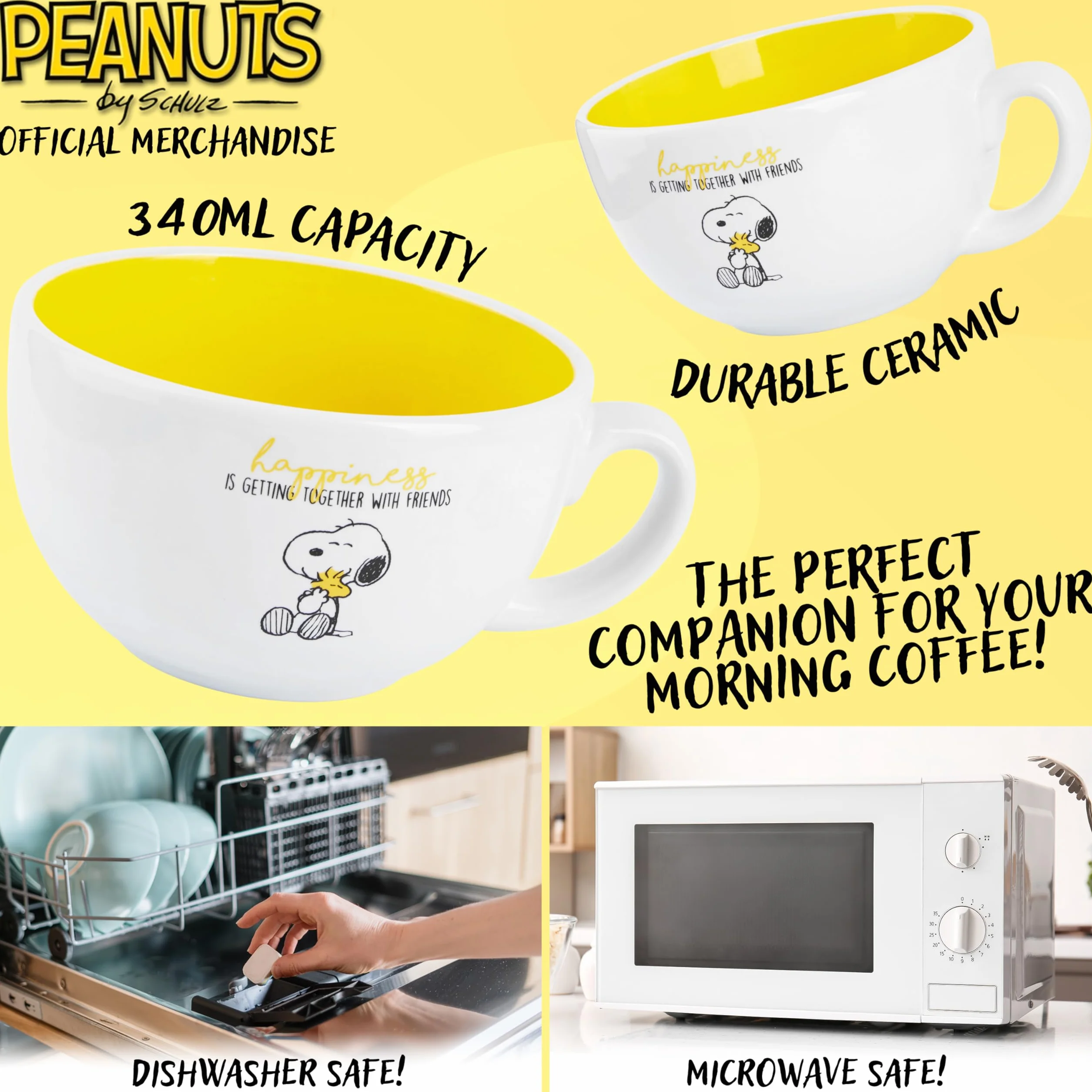 Peanuts Snoopy Ceramiczny kubek do kawy 340 ml biały żółty