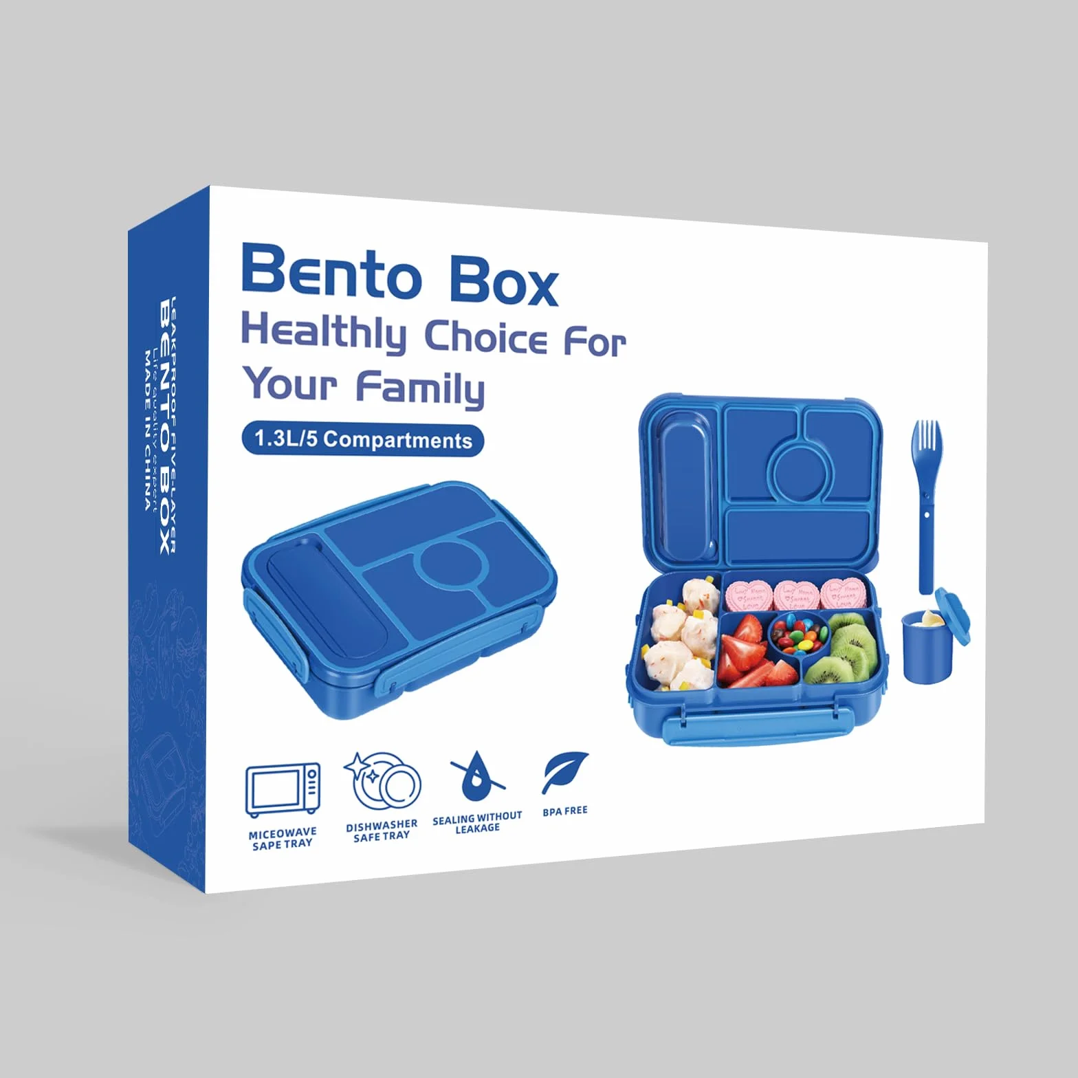 Amathley Bento Lunch Box Dla Dzieci,Pudełko na Lunch Dla Dzieci/Dorosłych,1300ML Szczelne Lunch,ze Pudełko Na Sos i 5 Przegródkami,Nbez BPA, Można Używać w (Ciemnoniebieski)