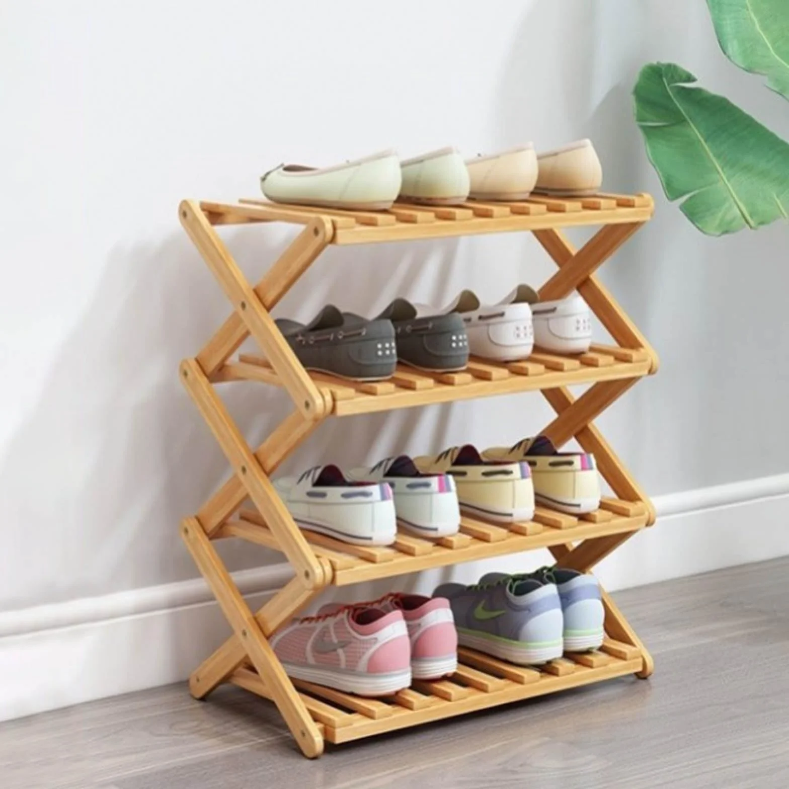 Regał na buty z bambusa z 4 poziomami, przenośny, składany, bez instalacji, mały regał na buty, idealny do korytarzy, sypialni i małych pomieszczeń (4 poziomy)