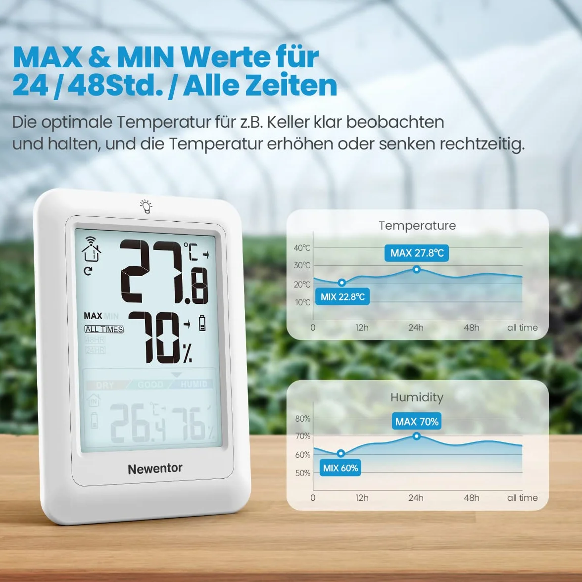 Newentor MAX MIN termometr do użytku wewnątrz i na zewnątrz, 24/48 godz., higrometr, miernik wilgotności powietrza z komfortem powietrza, stacja pogodowa radiowa z 2 czujnikami zewnętrznymi, termometr