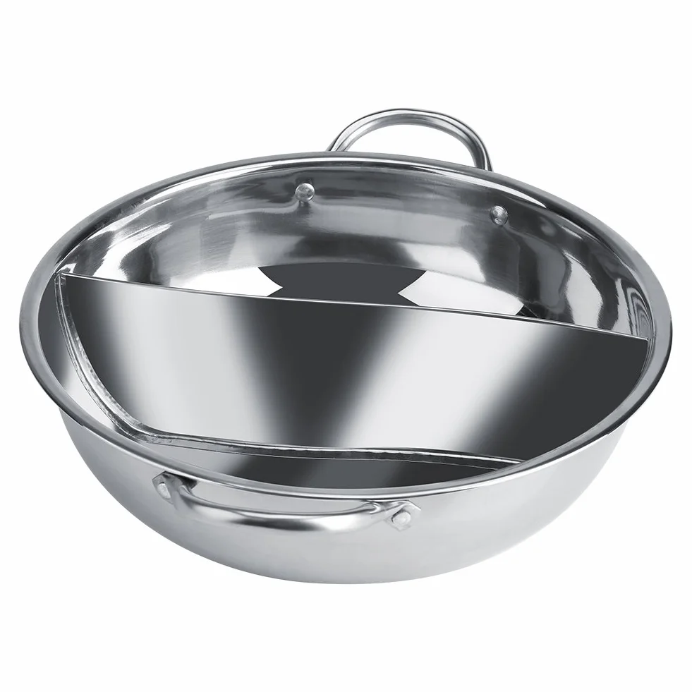 Chiński Hot Pot, dwupokojowy garnek ze stali nierdzewnej Shabu-Shabu, głęboki dla 4-5 osób, używany z kuchenką indukcyjną / piekarnikiem gazowym / piekarnikiem elektrycznym / płytą ceramiczną - srebrny (34cm)