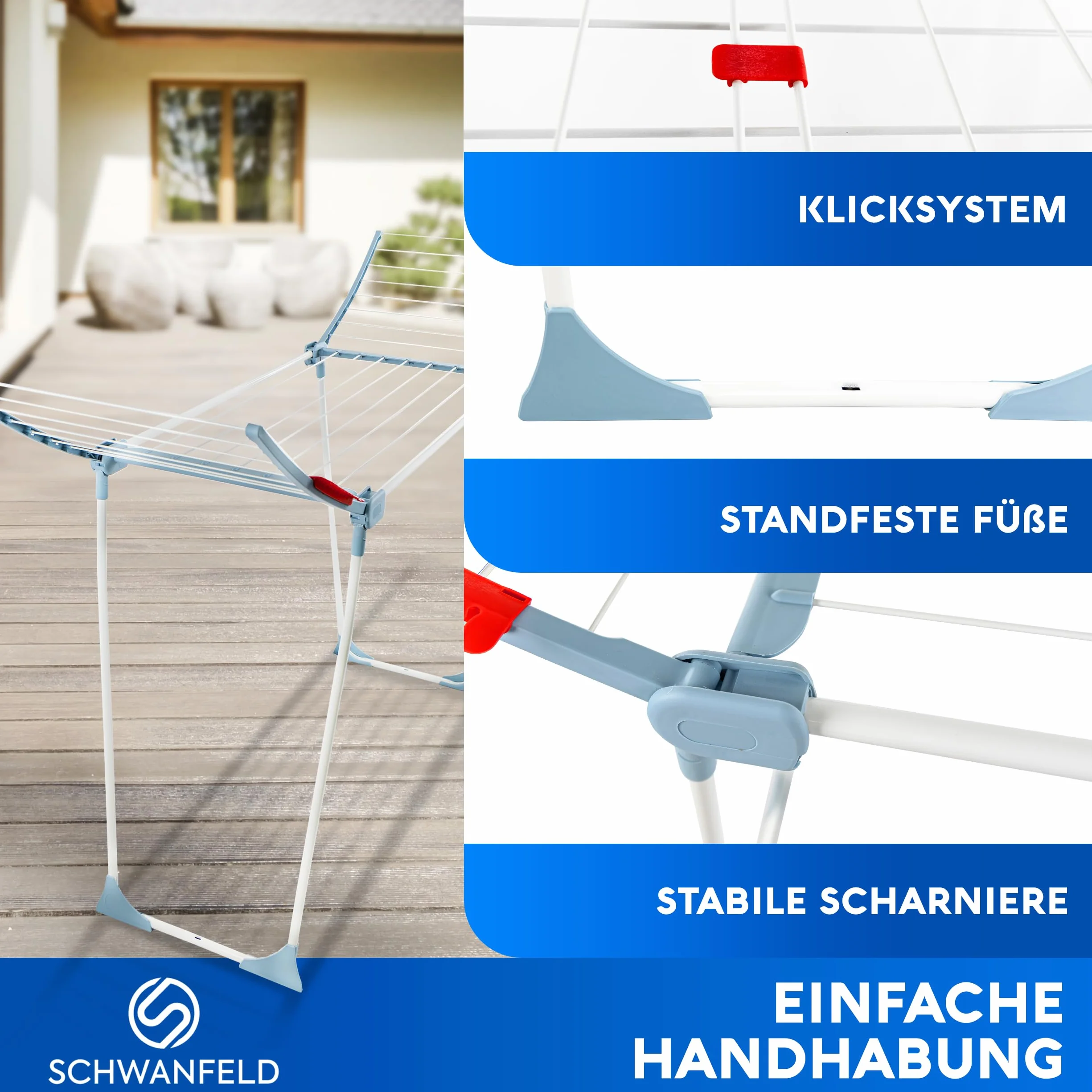 SCHWANFELD® Suszarka na pranie [18 m długości suszenia] – stojak na suszarkę premium – składana suszarka XXL – antypoślizgowa – suszarka stojąca na balkon – stojak na ubrania – stojak na ubrania