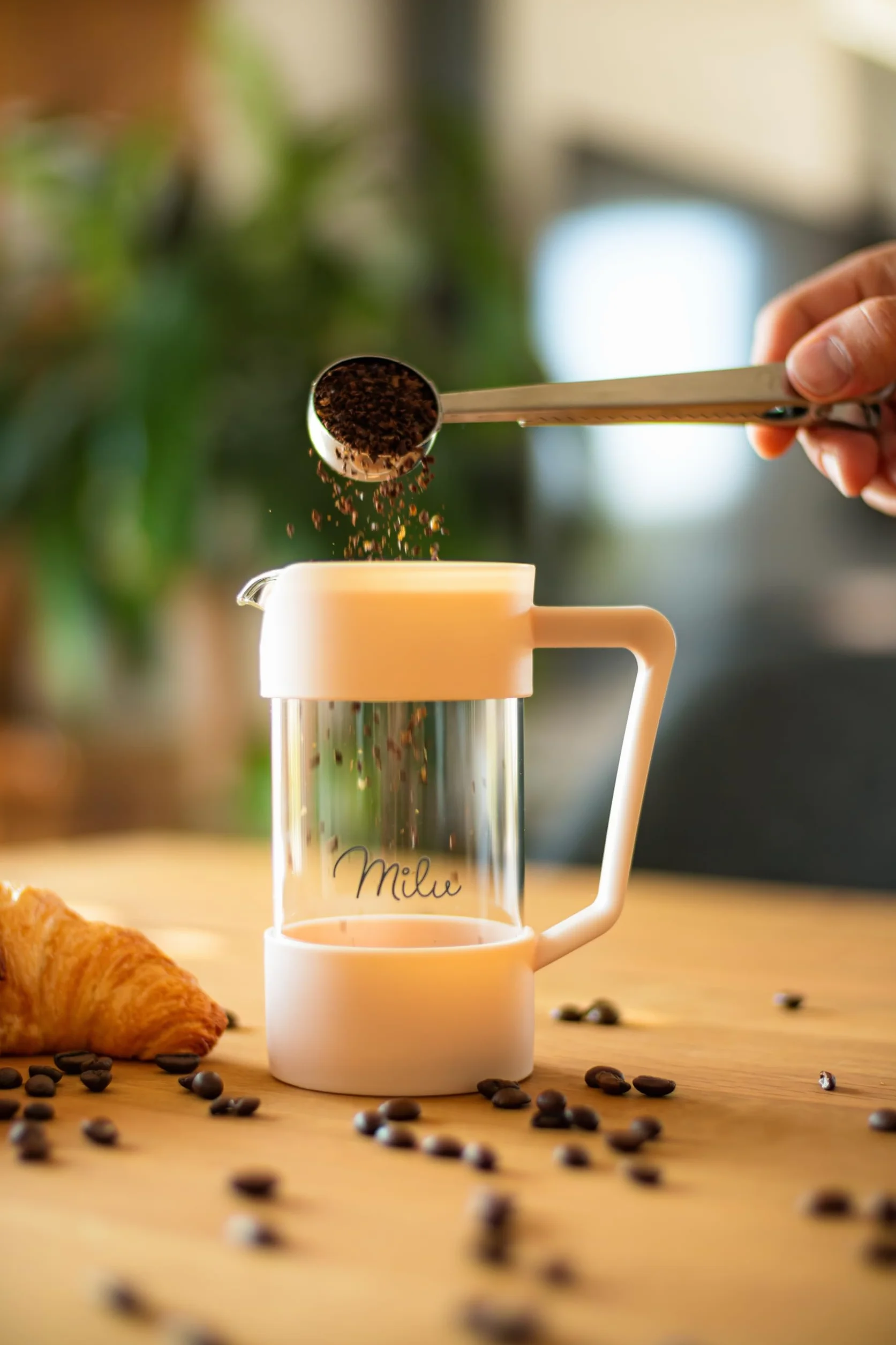 Milu French Press ekspres do kawy, 350 ml, 600 ml, 1 l, szklany ekspres do kawy, do domu, podróży, na kemping, w zestawie podstawka, łyżka, filtr zastępczy (beżowy, 350 ml (2 filiżanki)