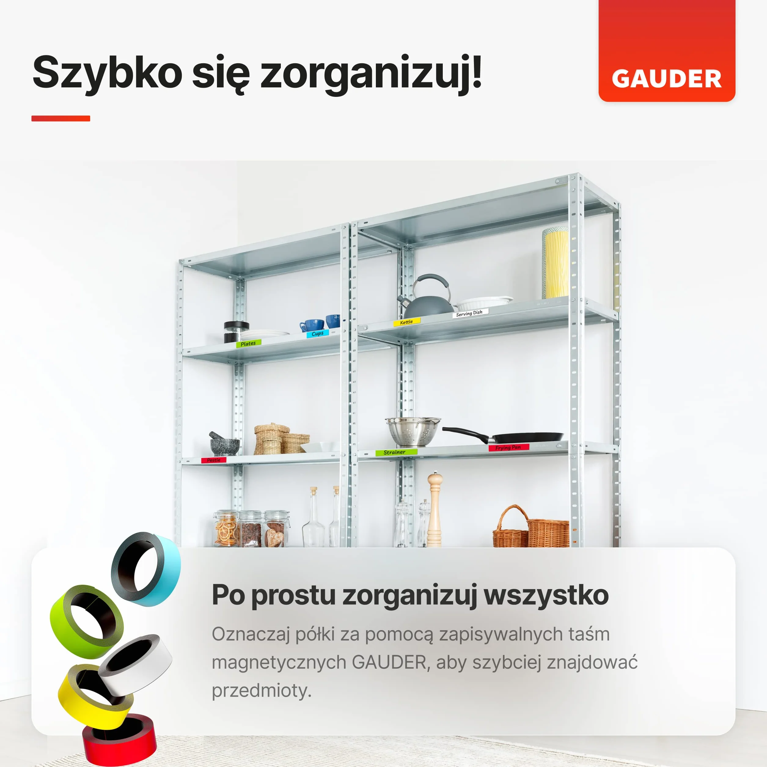 GAUDER 5x Paski Magnetyczne zapisywalne | Taśma Magnetyczna do pisania | Paski Magnetyczne zapisywalne wielokolorowe (25 mm x 1 m)