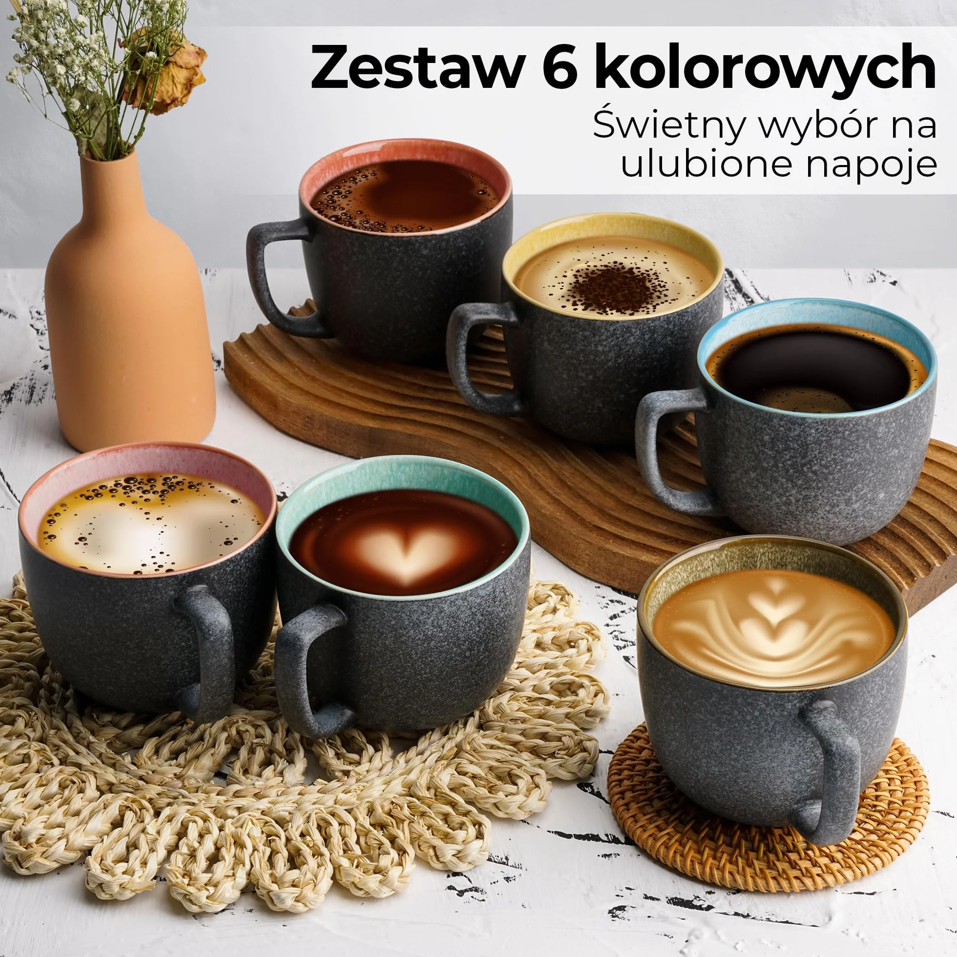 MIAMIO Las Palmitas Zestaw 6 filiżanek do kawy o pojemności 470 ml, duże, nowoczesne kubki z kamionki