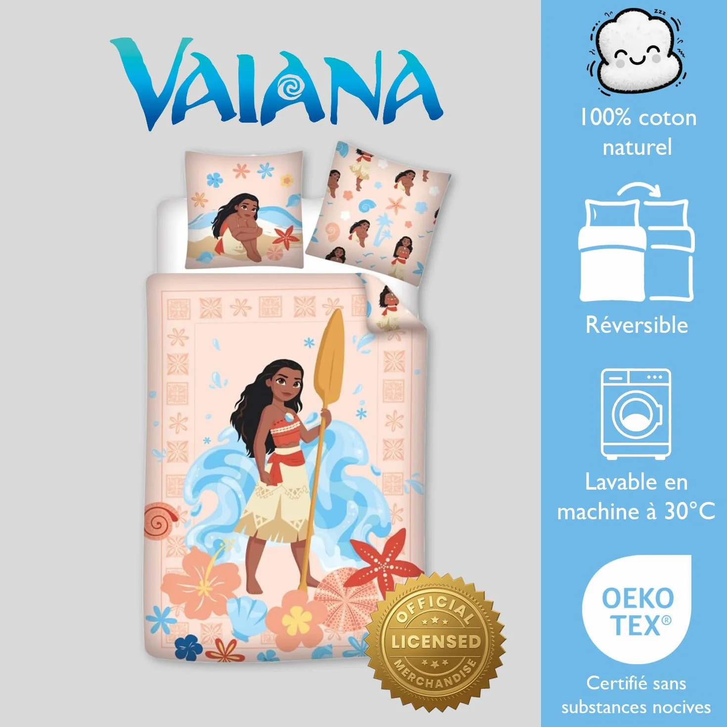 Pościel Vaiana Disney - dwustronna poszwa na kołdrę 140 x 200 cm i poszewka na poduszkę 65 x 65 cm - 100% bawełna premium, certyfikat Oeko-Tex Standard 100, zapięcie na guziki