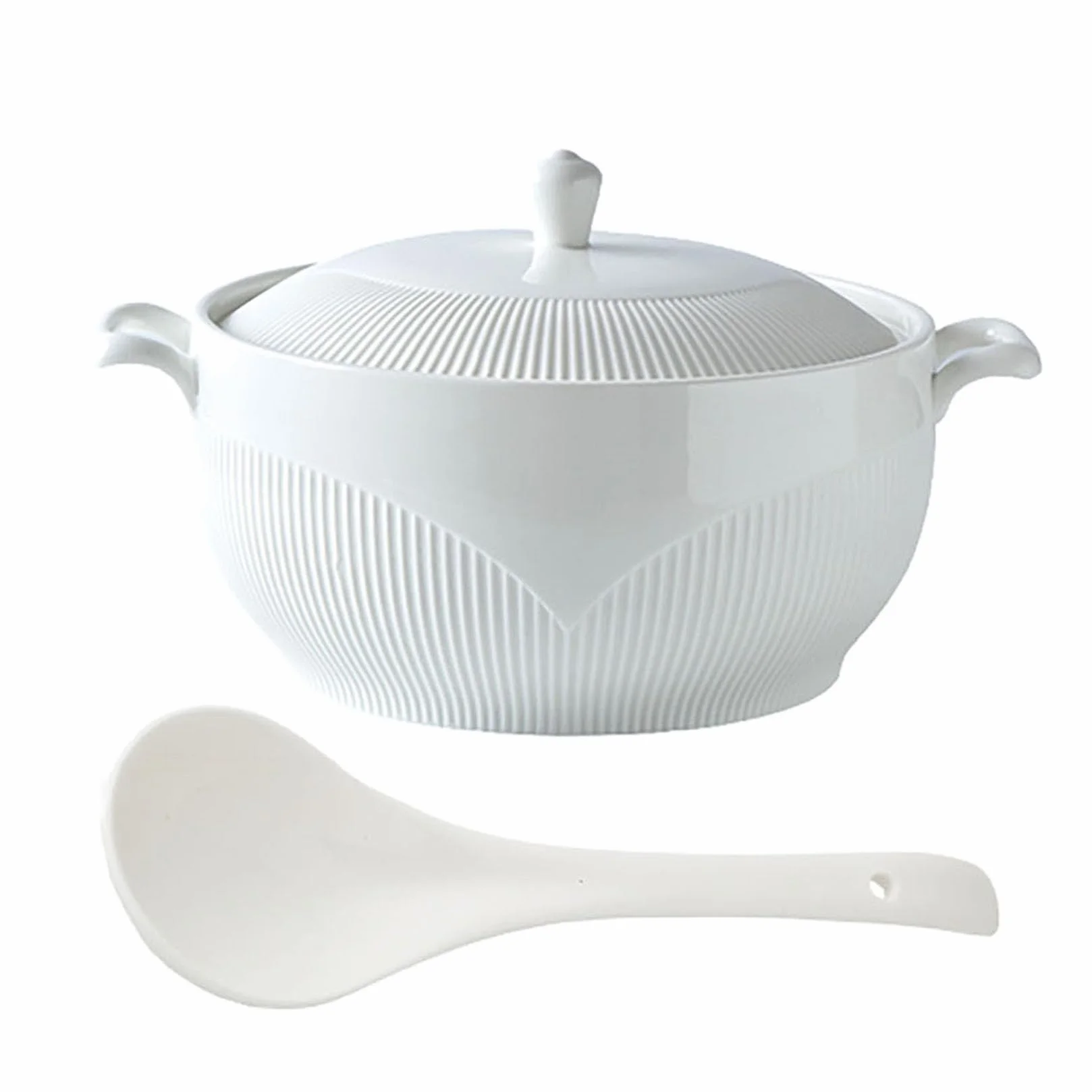 Biała waza z 2 uchwytami, porcelanowe wazaki z pokrywką i łyżką do kuchennej kuchenki mikrofalowej,White,L