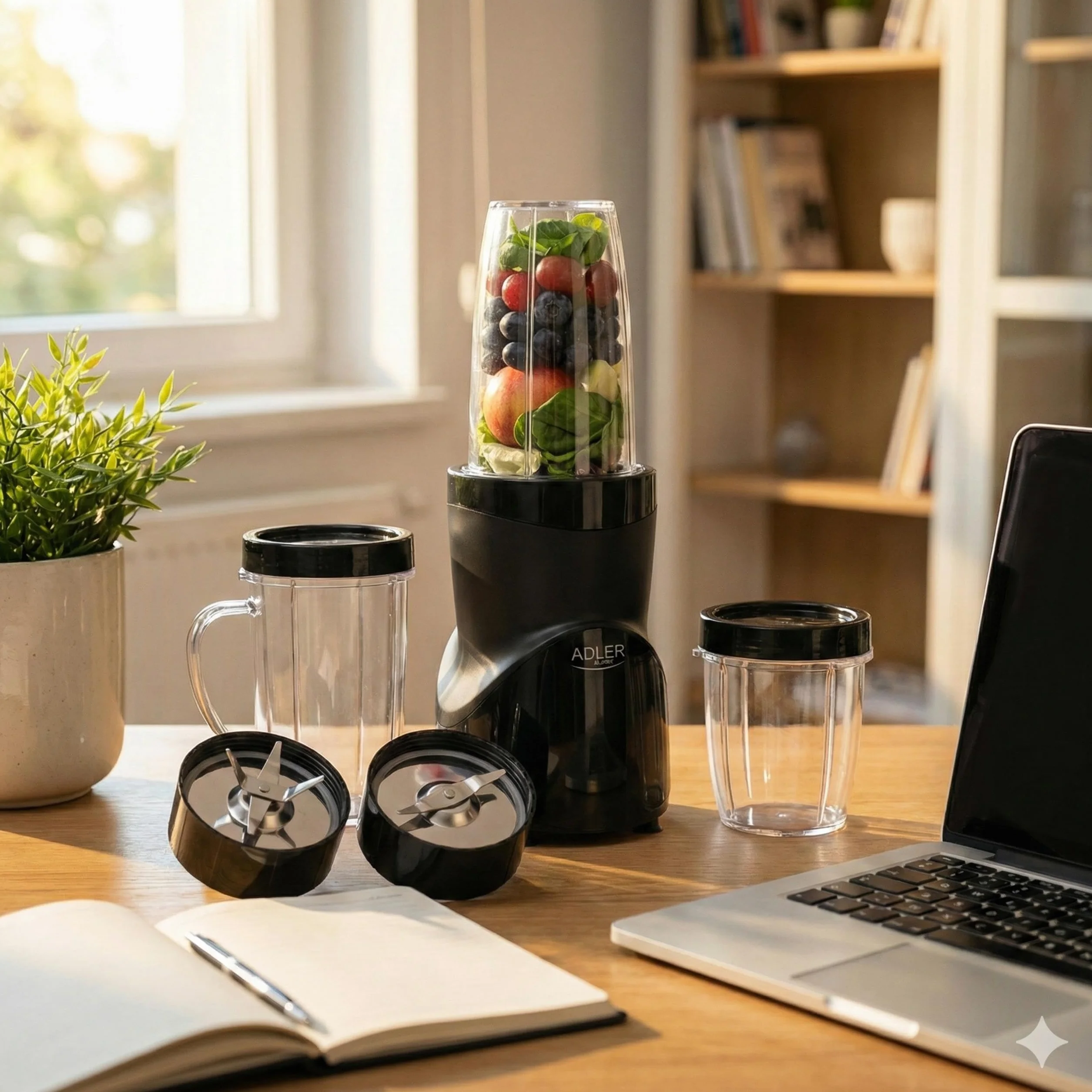 ADLER EUROPE Blender kielichowy, blender do smoothie i do koktajli, mikser personalny, kruszy lód, 1200W, wolne od BPA, 3 bidony i kubek, ostrza ze stali nierdzewnej z 4 nożami i z 2 nożami
