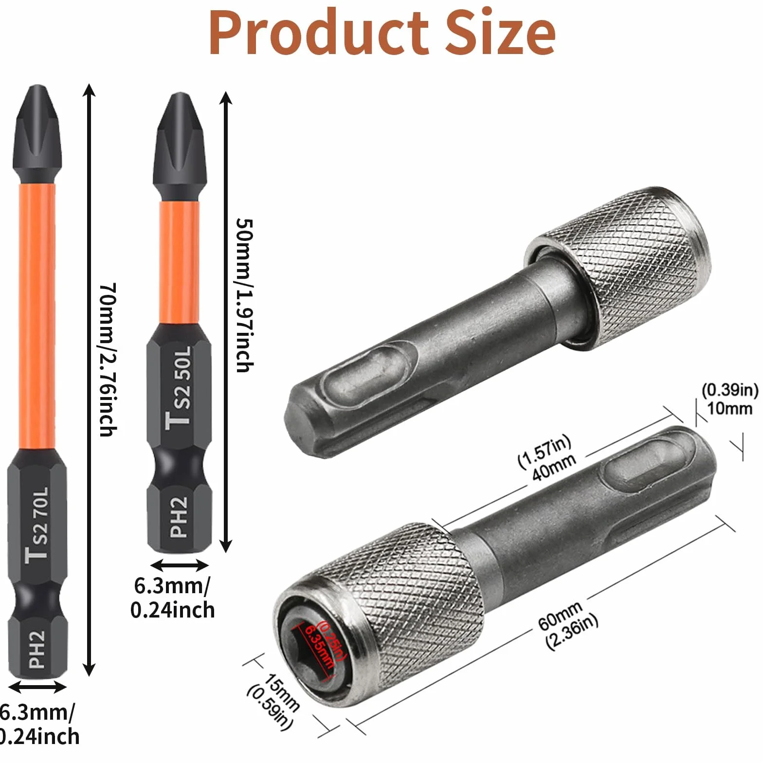 Adapter SDS Plus 6,35 mm (1/4"), 2 sztuki SDS Bit Adapter + 50 mm, 70 mm, po 1 wiertło krzyżowe, sześciokątny uchwyt wiertarski, konwerter do wiertarki udarowej