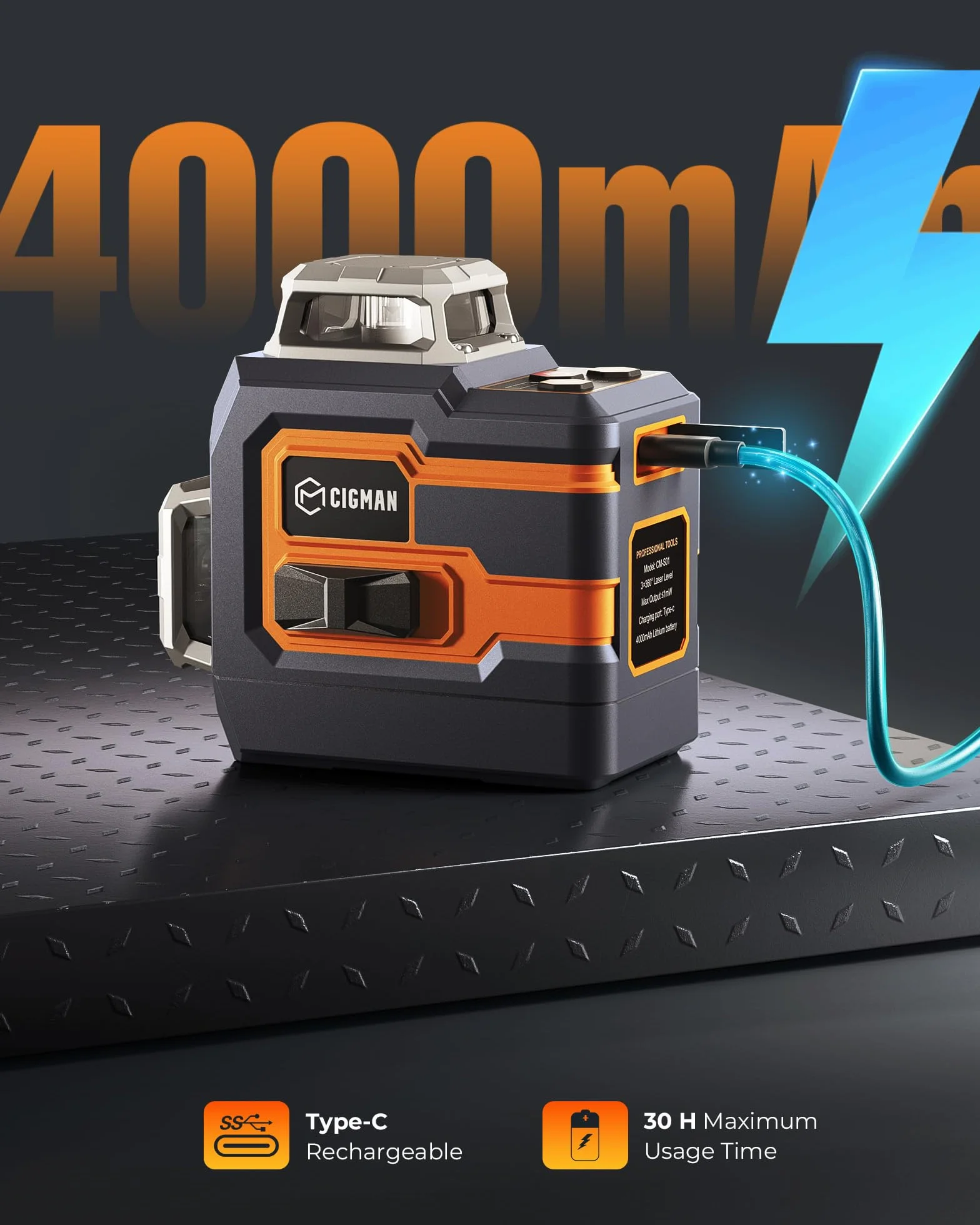 Laser krzyżowy, Cigman App Inteligentna kontrola 3x360 stopni samodzielna laserowa skala wody laserowej, z akumulatorami litowymi, laserowym laserowym zielonym laserowym zielonym do użytku (CM-S01)