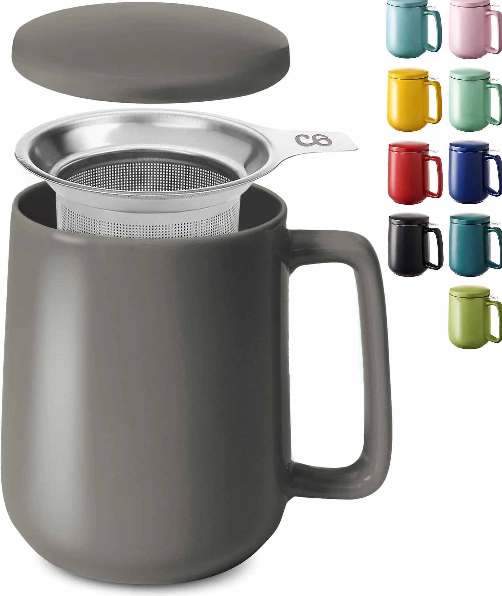 Cosumy Filiżanka z sitkiem i pokrywką - Ceramiczna - Długo utrzymuje ciepło - Duża 500 ml XXL - Można myć w zmywarce (Antracytowa)