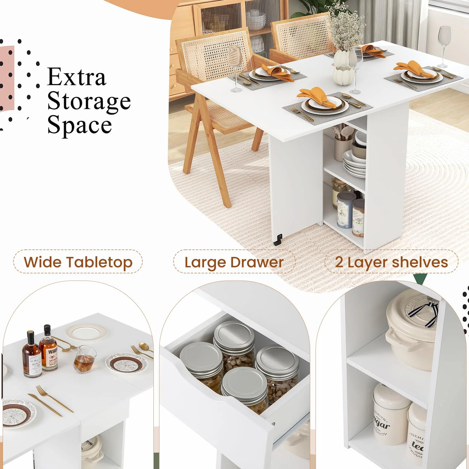 LIFEZEAL Składany stół jadalny 3 w 1, 120x77cm, stół kuchenny dla 4-6 osób, stół rozkładany z 2 kółkami, 1 szufladą, 2 półkami, do jadalni, salonu (biały)