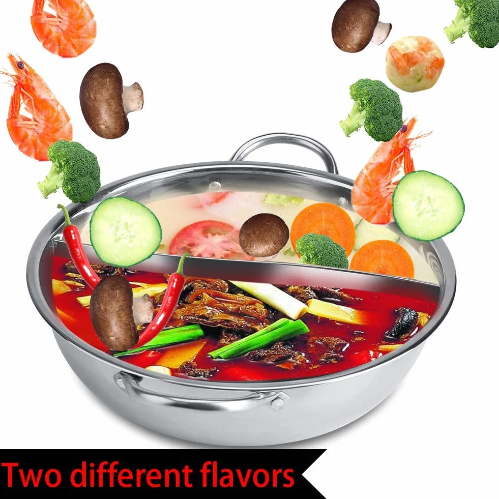 Chiński Hot Pot, dwupokojowy garnek ze stali nierdzewnej Shabu-Shabu, głęboki dla 4-5 osób, używany z kuchenką indukcyjną / piekarnikiem gazowym / piekarnikiem elektrycznym / płytą ceramiczną - srebrny (34cm)