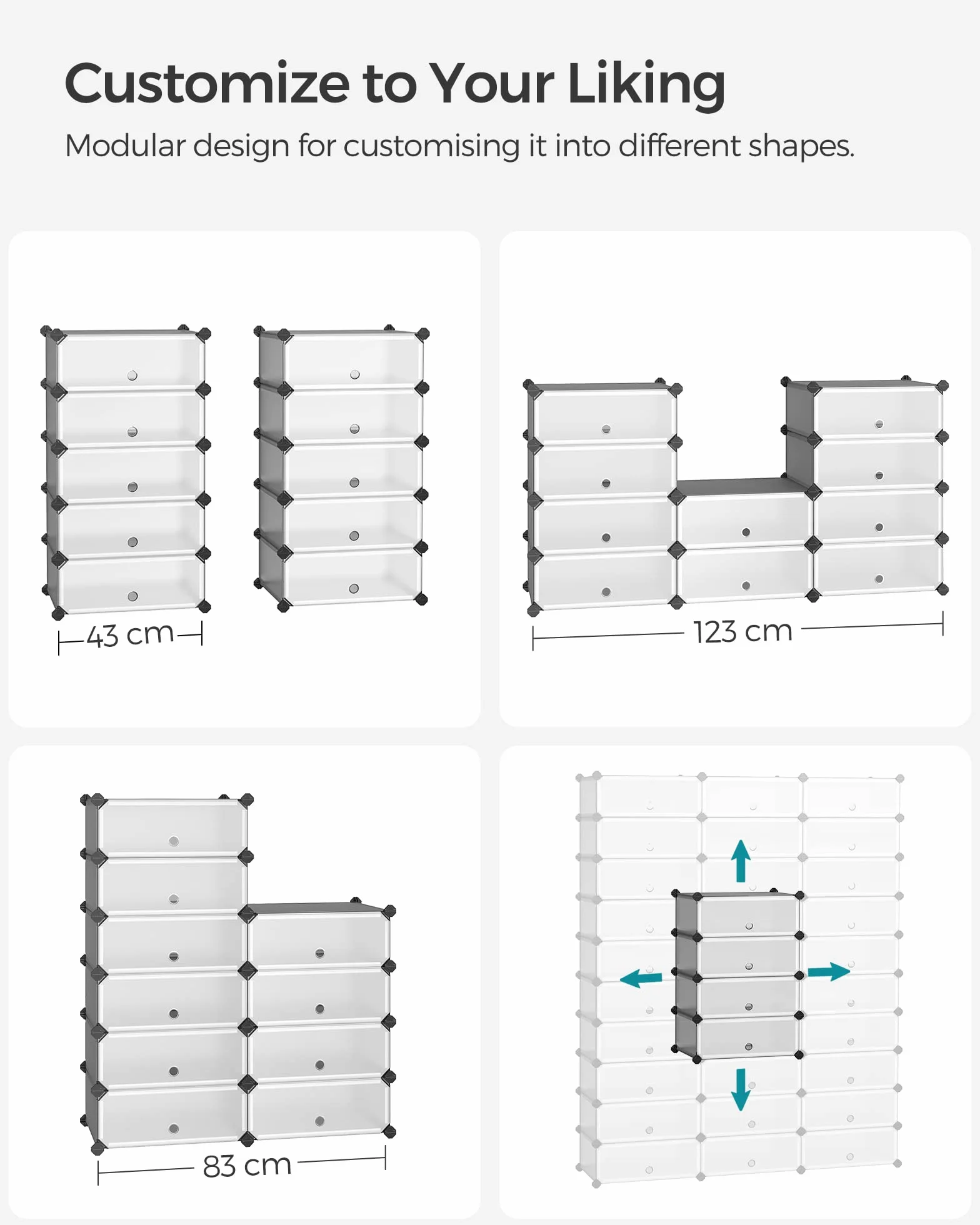 SONGMICS Zamykany stojak na buty, prostokątny organizer, 10-szczelinowy modułowy regał do przechowywania DIY, każdy moduł 40 x 30 x 17 cm, szafa z tworzywa sztucznego z drzwiami, szary LPC010G01