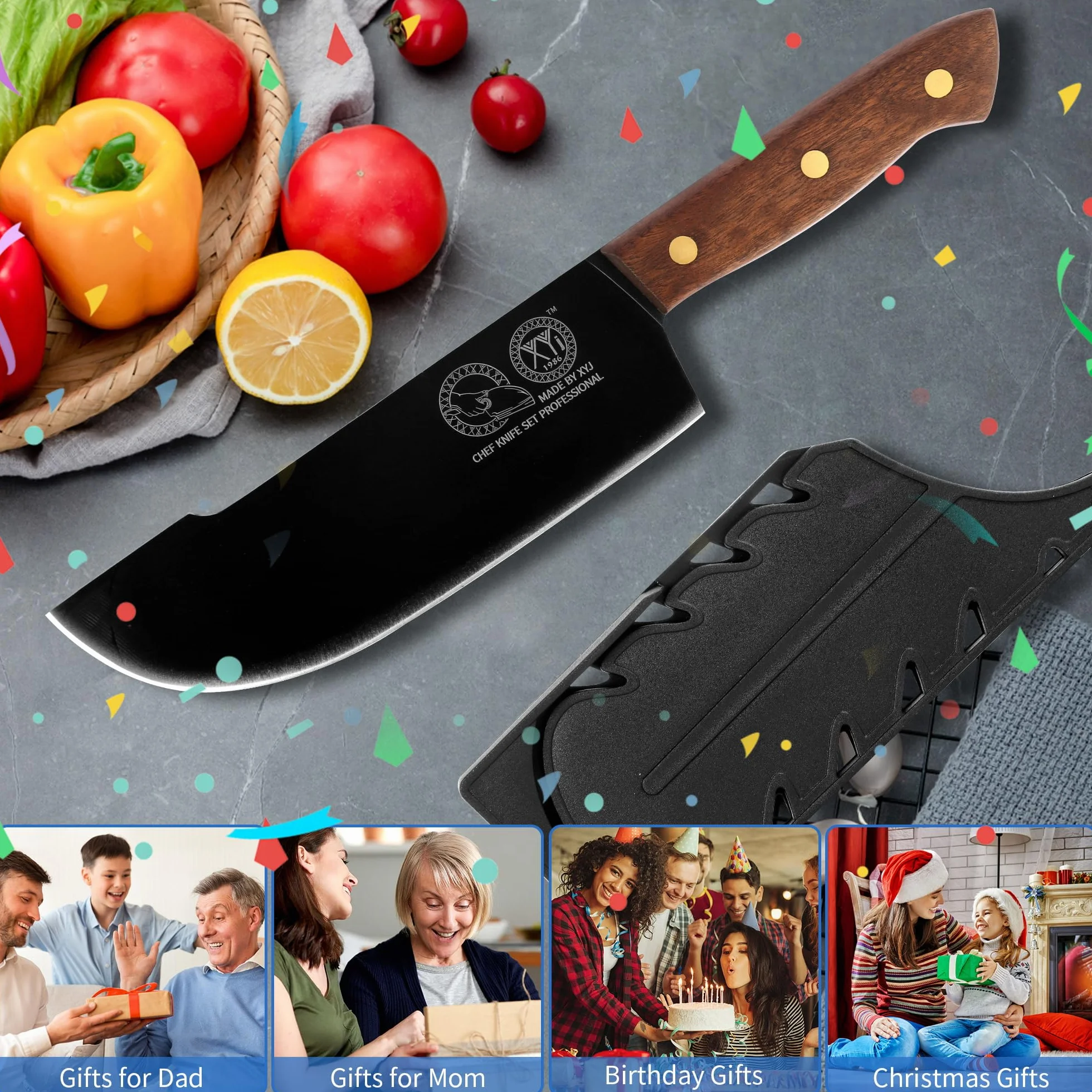 XYJ 8 Inch Slicing Knife With Sheath, Handmade Forged Kitchen Knife, Stainless Steel Blade, Full Tang, Meat Cleaver for Meat Cutting, Cooking Chefs Knife for Camping Outdoor BBQ for Women Men