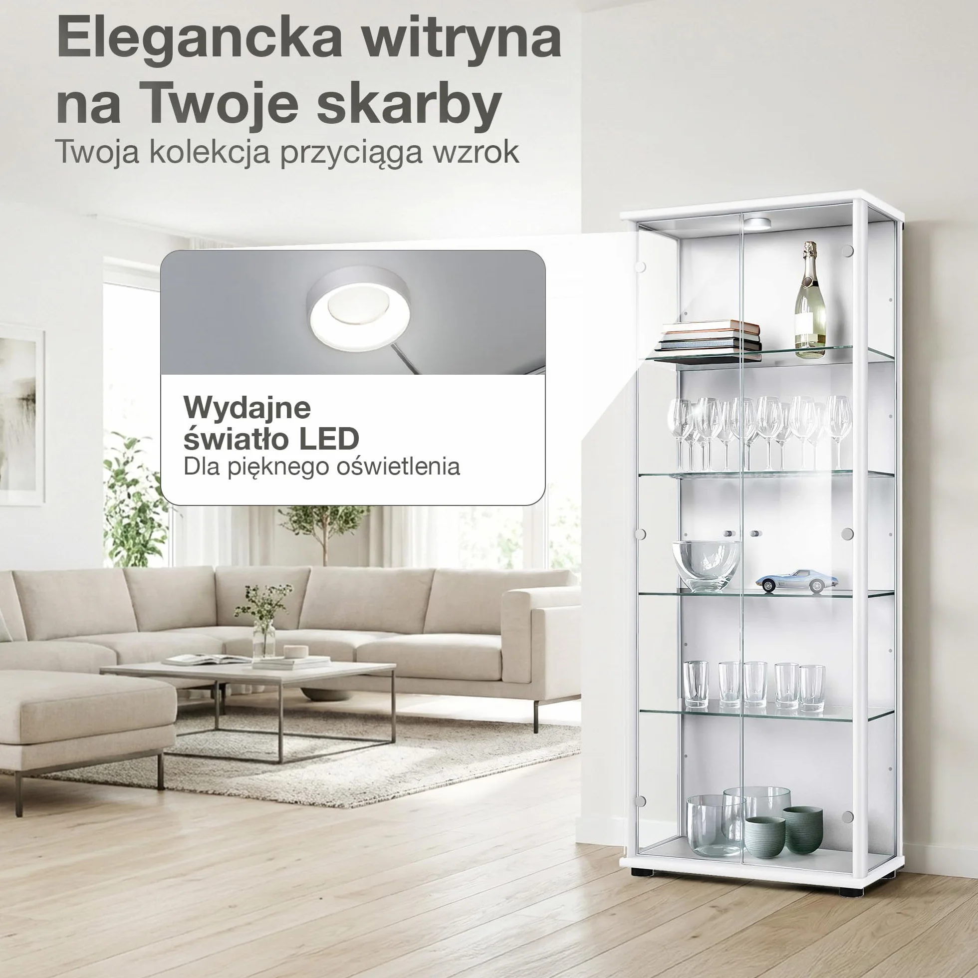 witryna szklana w kolorze białym (176x67x33 cm) z 4 regulowanymi półkami szklanymi i LED - gablota na modele samochodów biała - szafka gablota biała - witryna kolekcjonerska - szafka do salonu