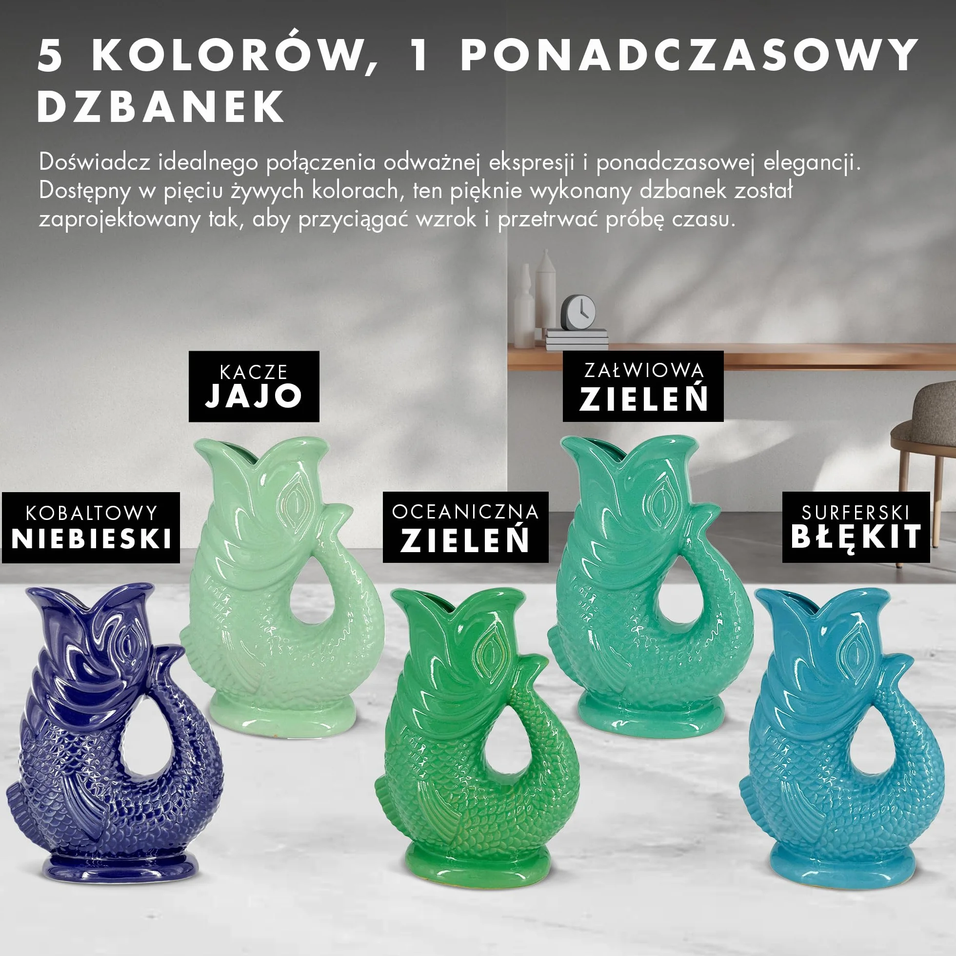 Gulgoczący dzbanek The Bubble Jug® Oceaniczna zieleń, 1,5 L – Duży, rybi ceramiczny dzbanek do serwowania koktajli, wody i ginu
