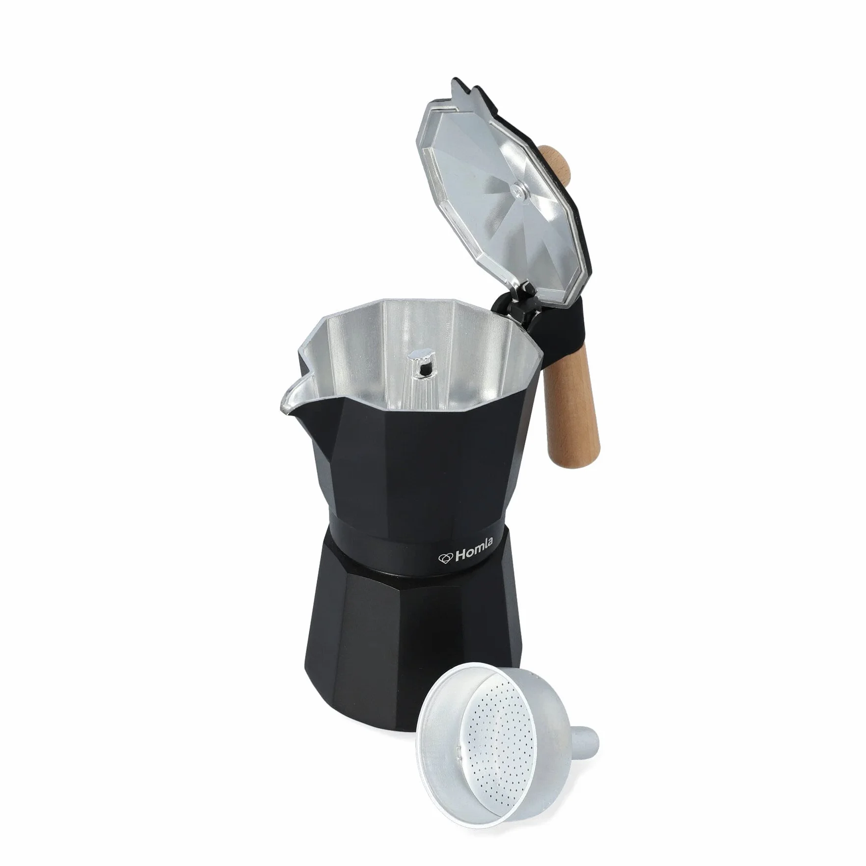 HOMLA Mia Mokka zaparzacz do espresso 6 filiżanek aluminium drewno bukowe czarne