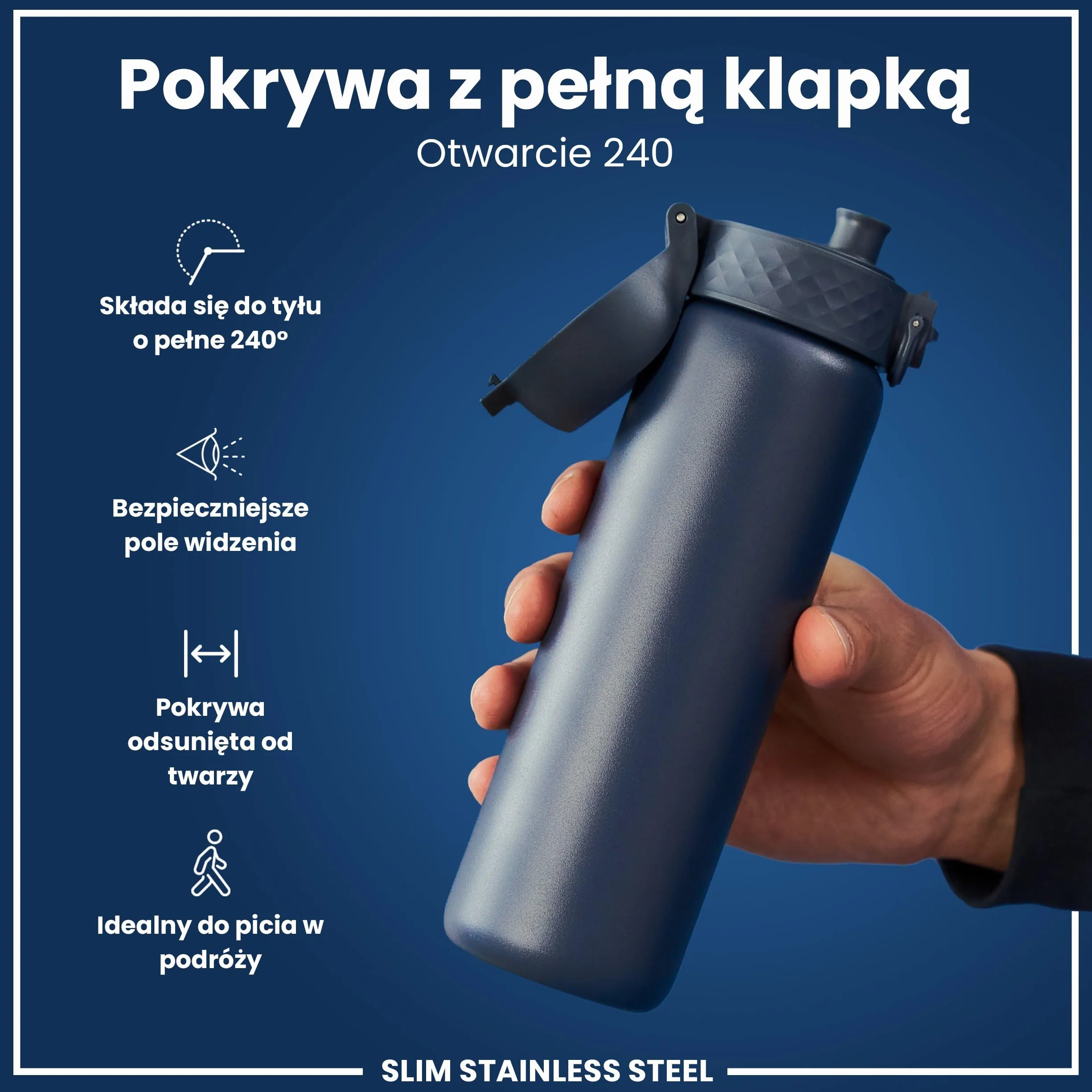 Ion8 Butelka na Wodę ze Stali, 600 ml/20 oz, Szczelna, Łatwe Otwieranie, Bezpieczny Zamek, Można Myć w Zmywarce, Higieniczne Pokrycie, Pasuje do Uchwytów, Składany Uchwyt, Metalowa Butelka