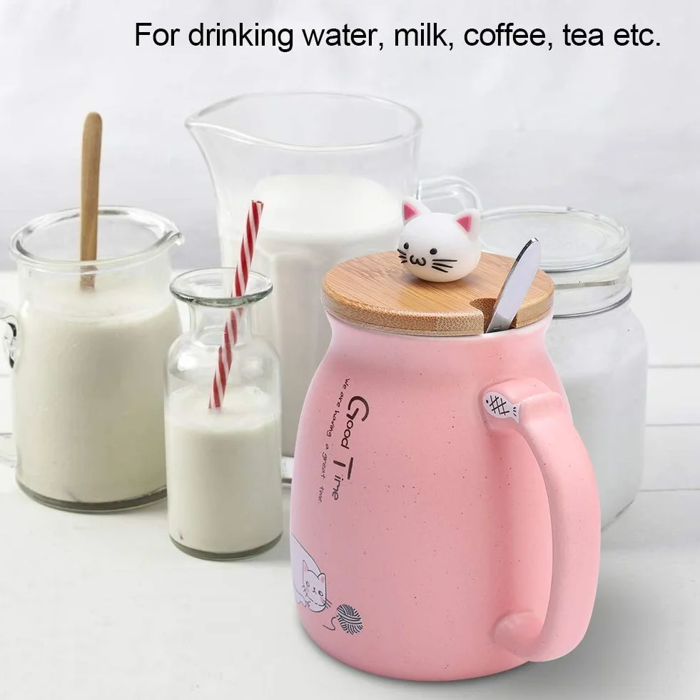 Kubek dla kota 420 ml śliczny ceramiczny kubek do kawy z pięknym kotkiem drewniana pokrywka łyżka ze stali nierdzewnej, poranna filiżanka herbata mleko świąteczny kubek(Pink)