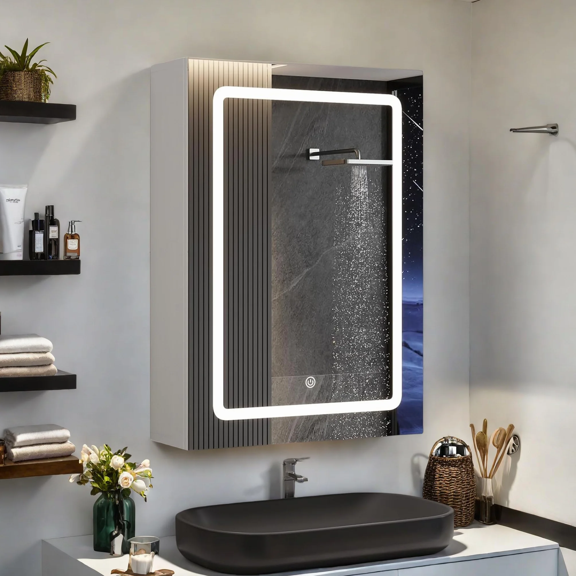 Lustro łazienkowe z oświetleniem LED, szafka z lustrem, lustro ścienne z 3 temperaturami barwowymi, ściemnialne z przełącznikiem dotykowym, szafka łazienkowa z półką, niepotęgujące 50x70cm
