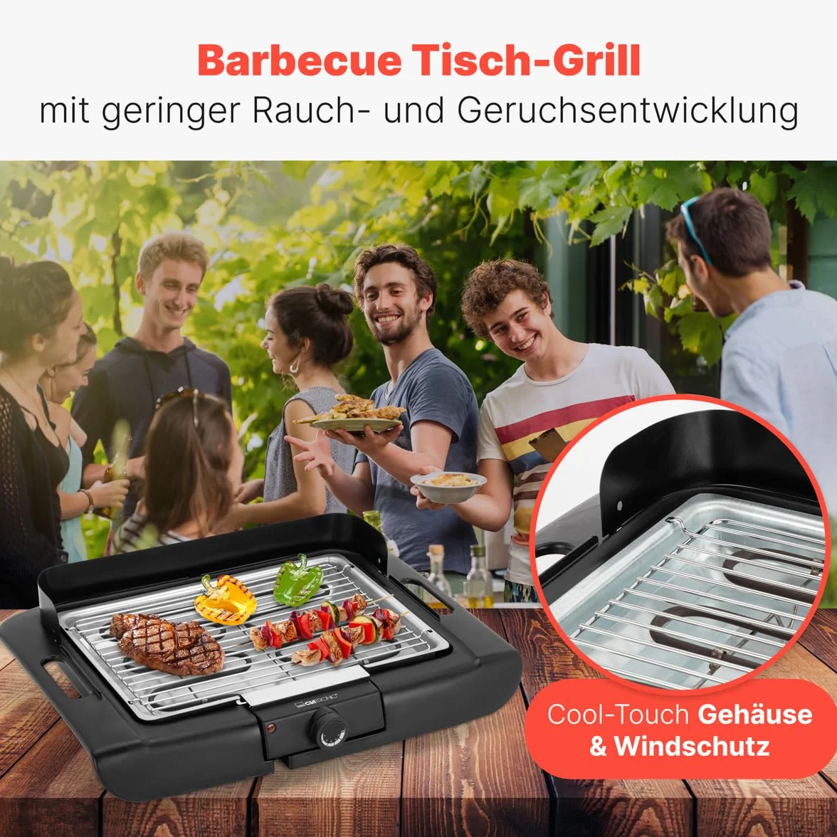 Clatronic BQ 3507 grill stołowy, chromowany ruszt do grilla, metalowa tacka na wyłapywanie, ochrona przed wiatrem, obudowa Cool Touch, czarny, 2000 W