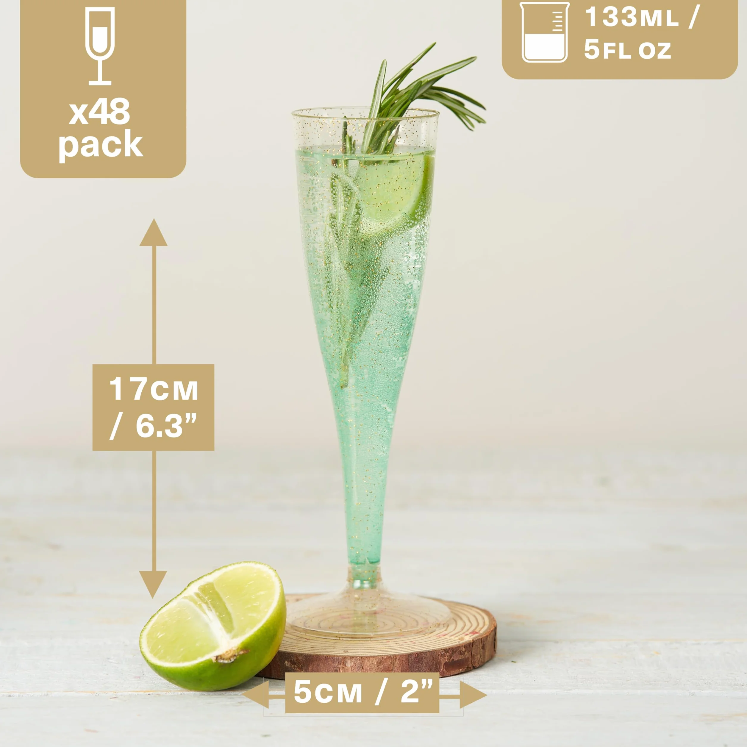 MATANA 48 plastikowych kieliszków do szampana premium ze złotym brokatem, 133 ml – kieliszki do tostów wielokrotnego użytku, kieliszki do koktajli Prosecco na wesela, urodziny, Boże Narodzenie, grill,