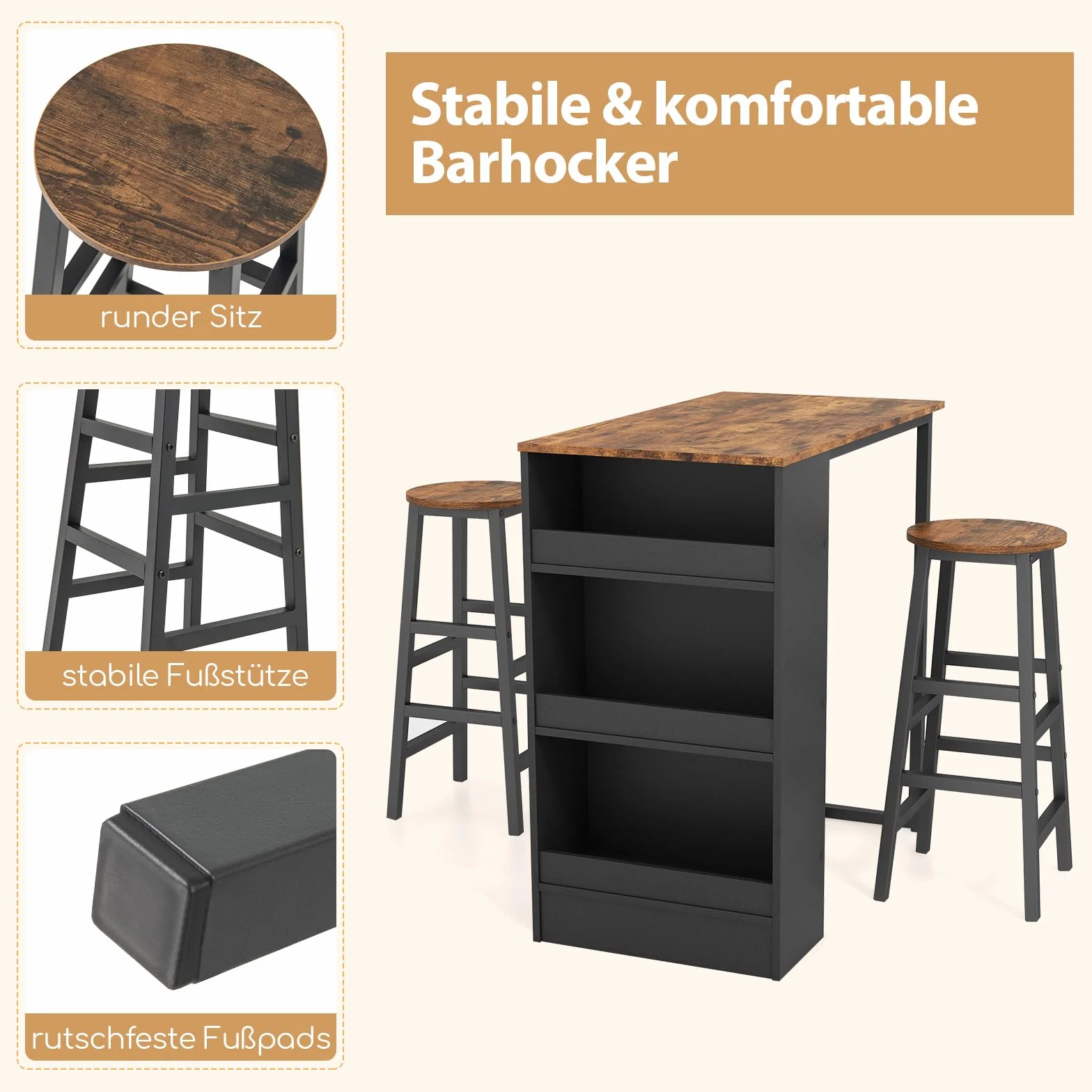 COSTWAY Stol barowy z taboretem barowym, zestaw 2 osób, stół barowy z 3 półkami, stół kuchenny, blat kuchenny do salonu, jadalni i kuchni, rustykalny brąz