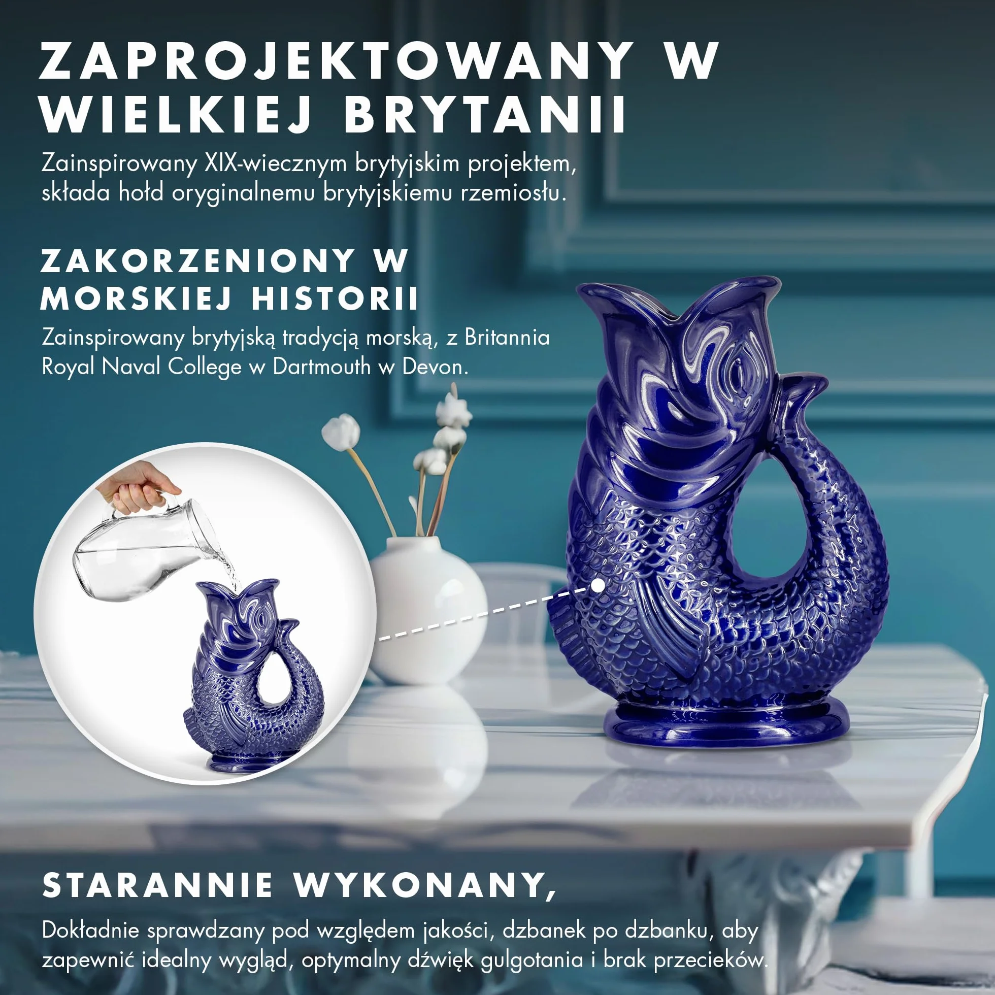 Gulgoczący dzbanek The Bubble Jug® Oceaniczna zieleń, 1,5 L – Duży, rybi ceramiczny dzbanek do serwowania koktajli, wody i ginu