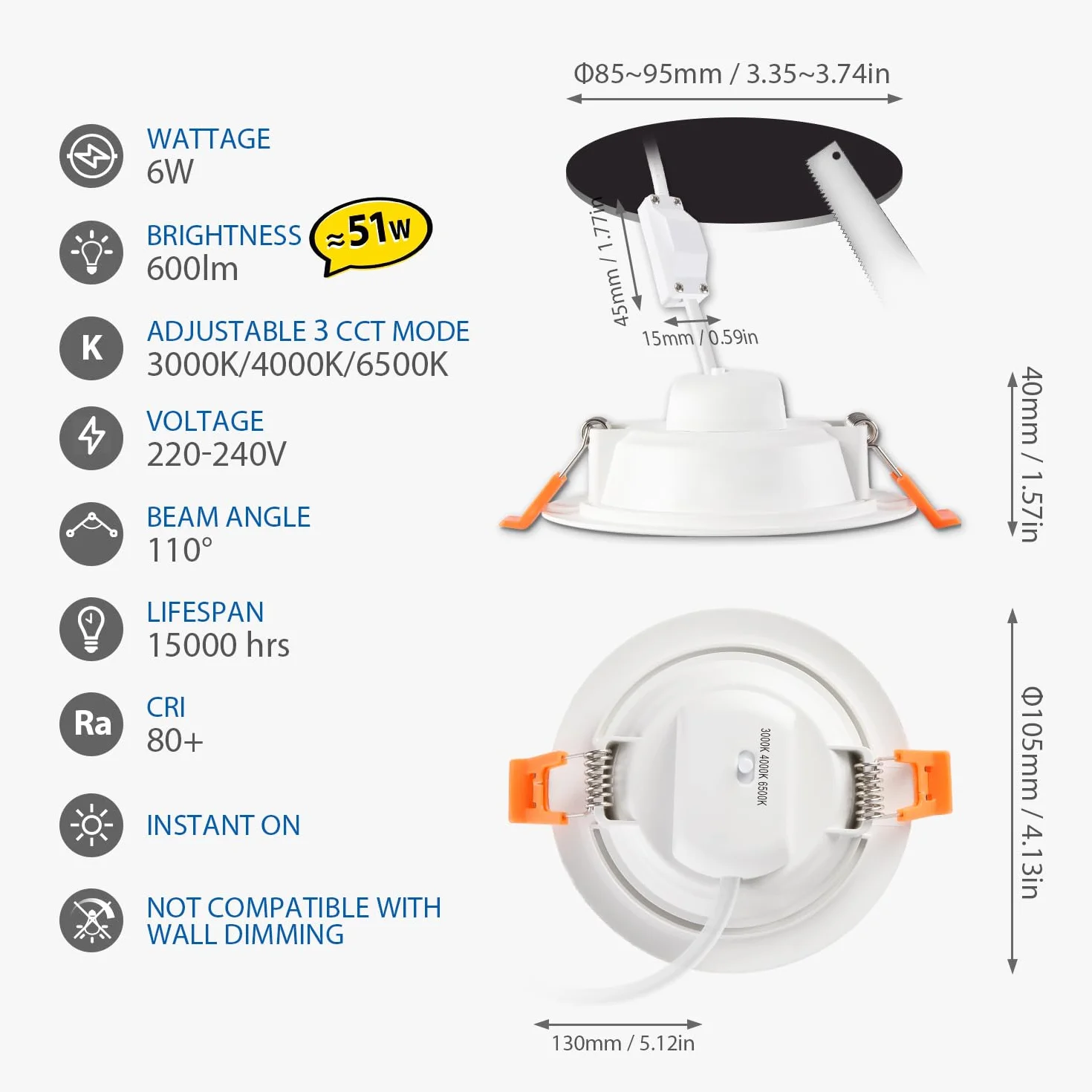 LVWIT Wpuszczane Reflektory LED do Płyt Gipsowo-Kartonowych, 6 W Odpowiednik 51 W, Wpuszczane Reflektory Sufitowe LED 600 Lm, 3000 K Ciepła Biel, 4000 K Neutralna Biel, 6500 K Zimna Biel