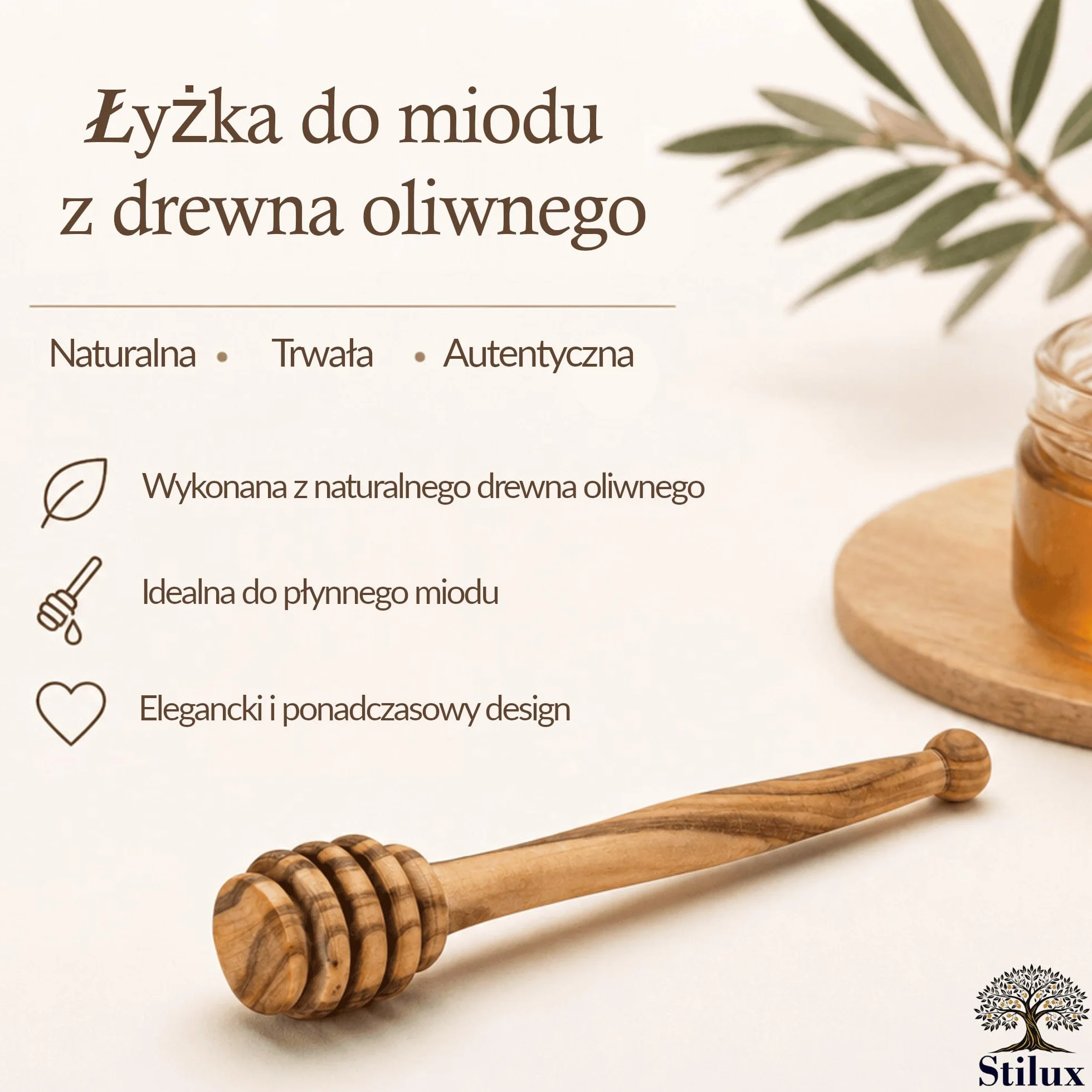 łyżka do miodu z drewna oliwkowego, 15 cm, do miodu i syropu, spirala miodowa, bez kapania, z prawdziwego drewna oliwkowego