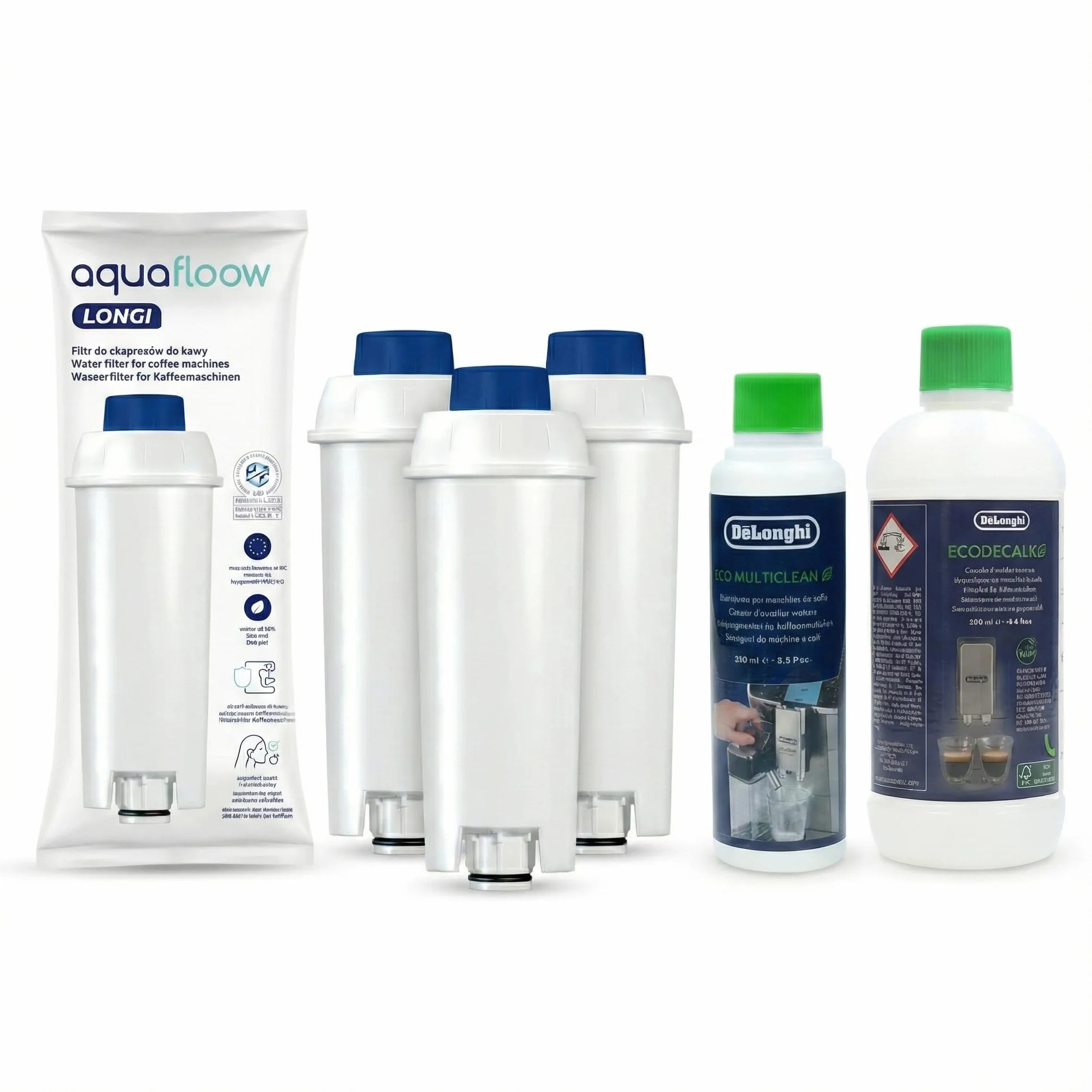 Aquafloow Zestaw Pielęgnacyjny kompatybilny z DeLonghi – 3x Filtr Wody (za DLSC002), EcoDecalk Odkamieniacz (500ml) & Eco MultiClean (250ml) – Kompletny Pakiet Serwisowy