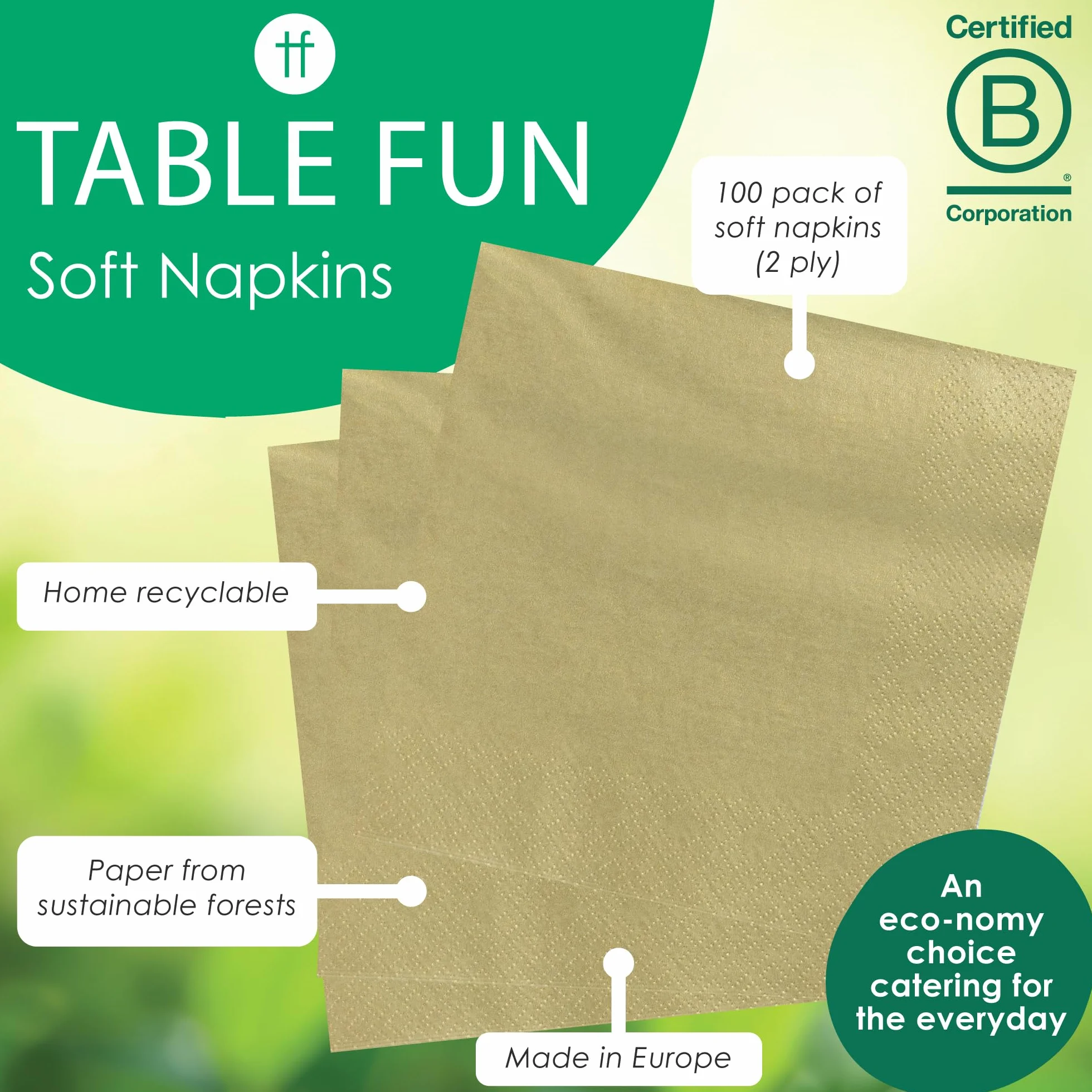 Talking Tables 100 sztuk miękkich papierowych serwetek w złotym kolorze na Boże Narodzenie, urodziny, wesele, catering, naczynia, jednorazowe, nadające się do recyklingu, wyprodukowane w UE,